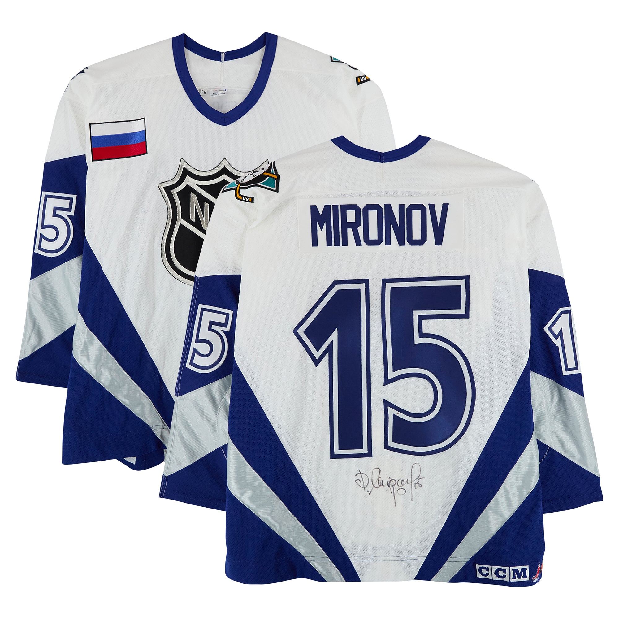 Dmitri Mironov Team World Autographed Game-Used #15 White Jersey from the 1998 NHL All-Star Game
