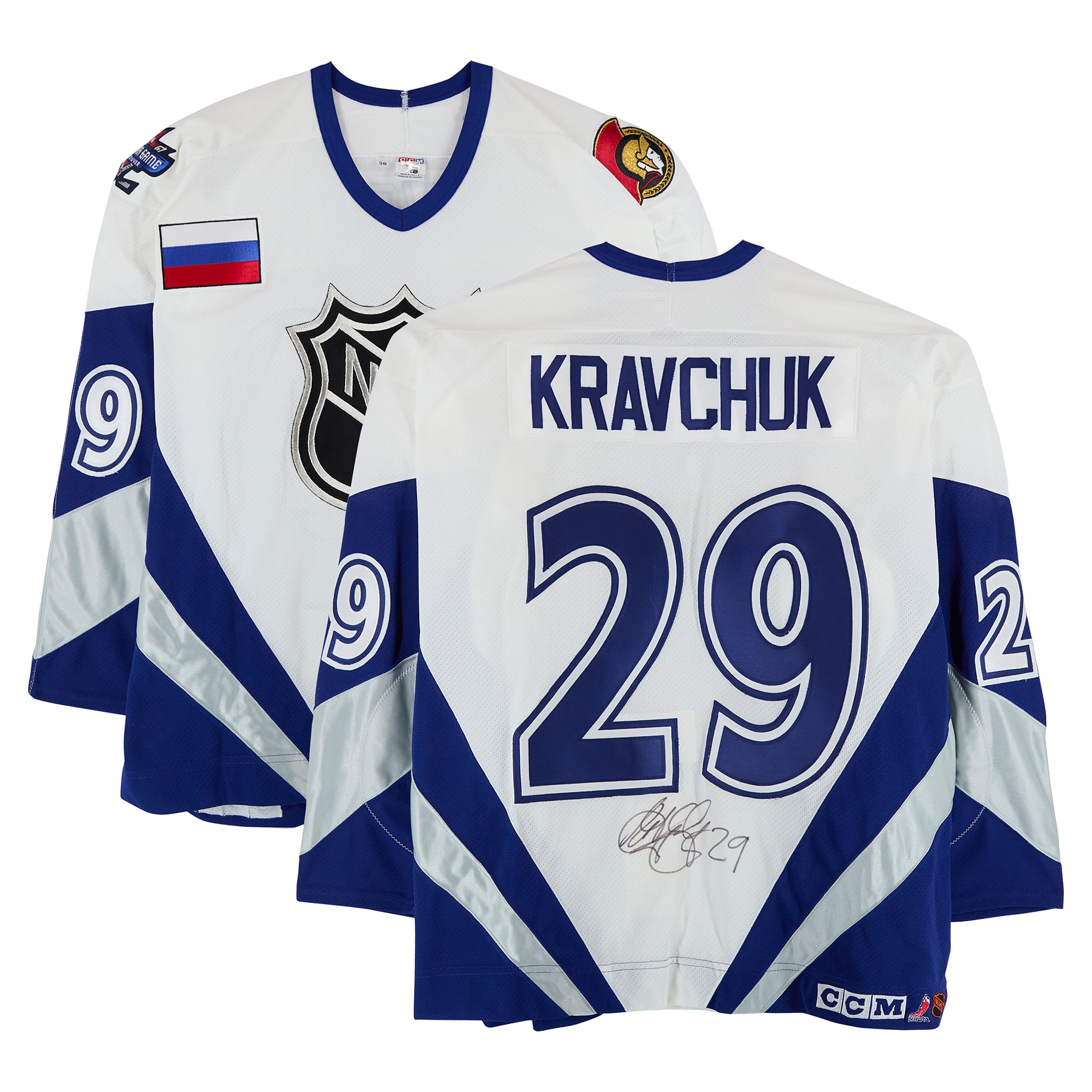 Maillot blanc autographié par Igor Kravchuk (équipe mondiale) porté lors du match des étoiles de la LNH de 1998, numéro 29.