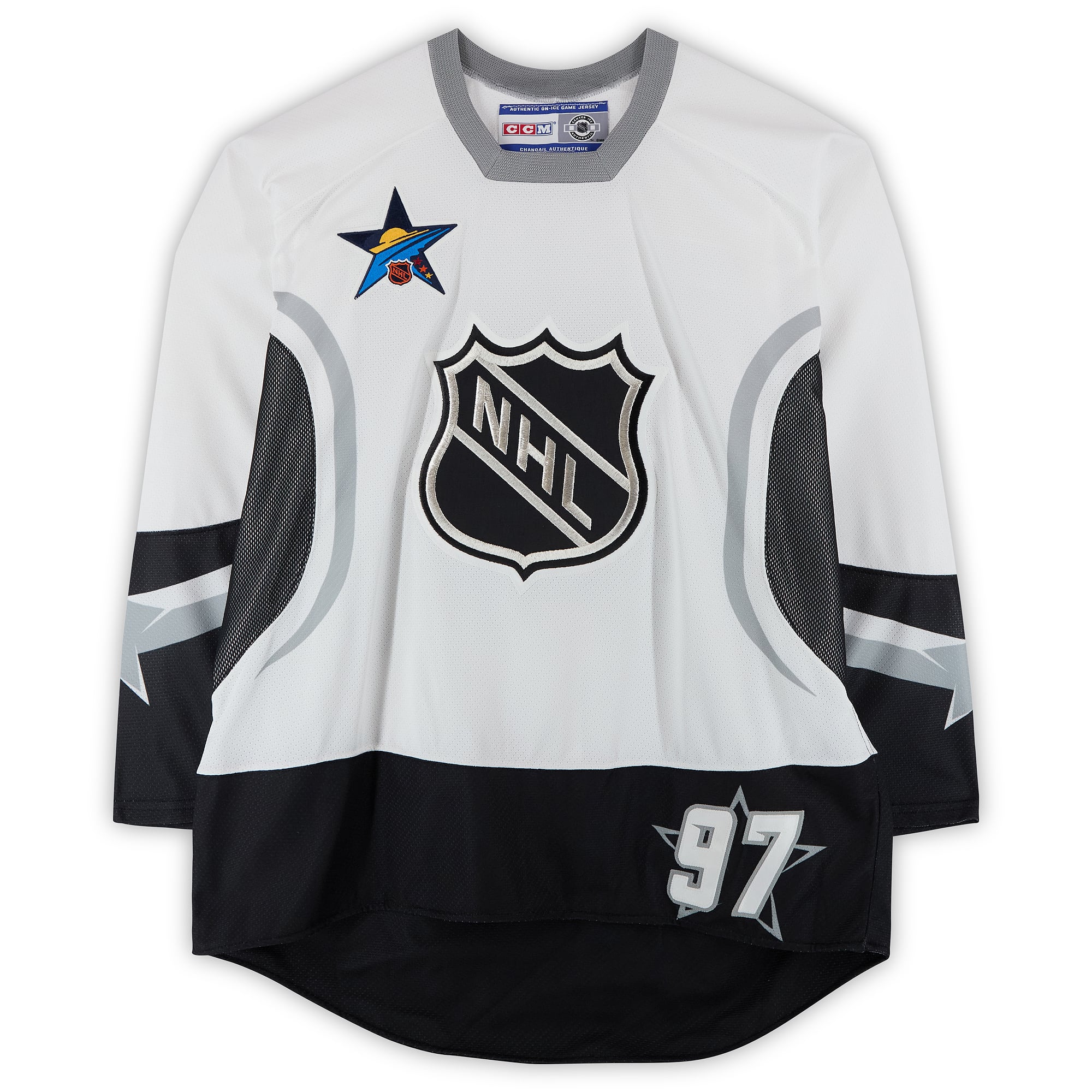 Maillot blanc n° 97 autographié par Jeremy Roenick, porté par l'équipe de la Conférence Est lors du Match des étoiles de la LNH 2003.