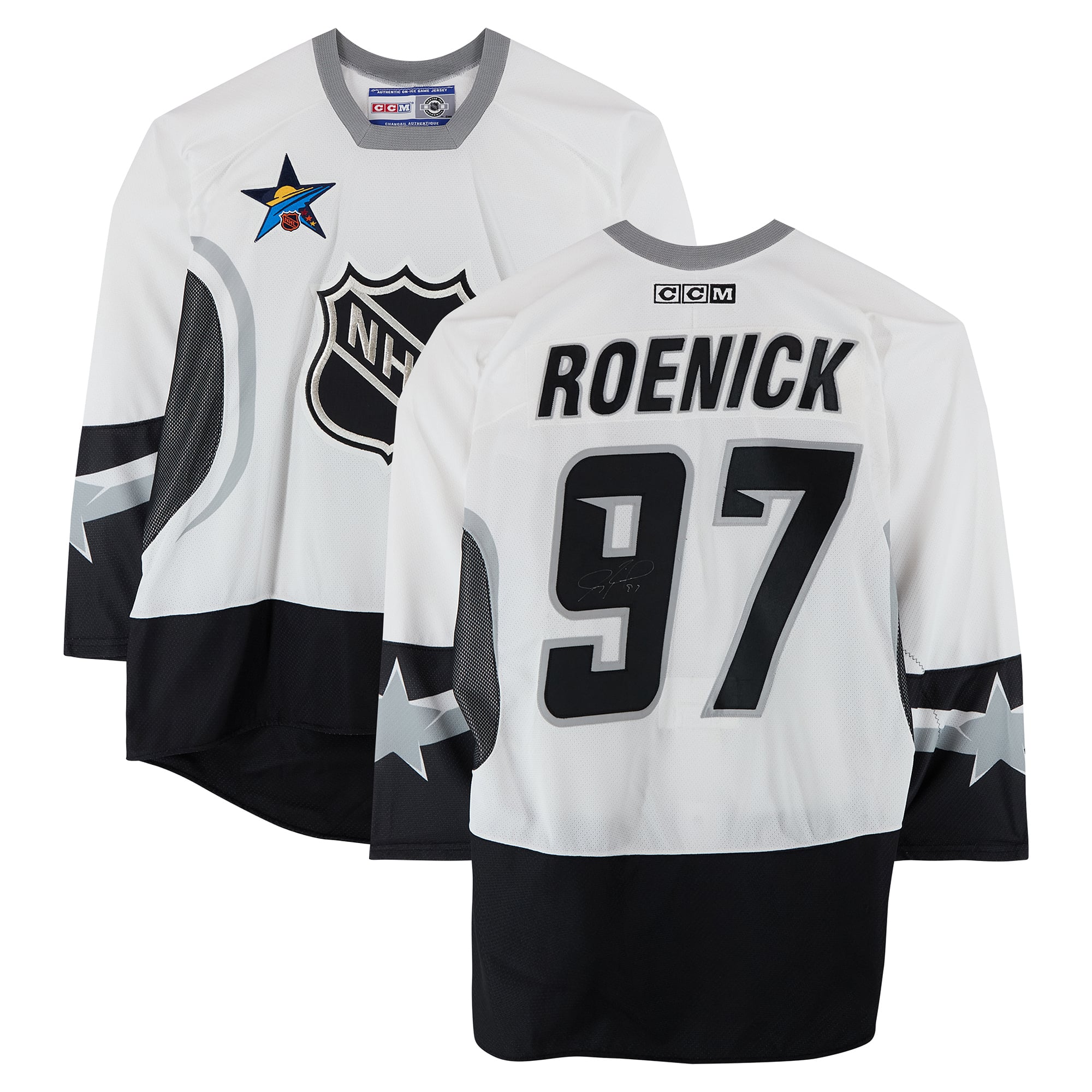 Maillot blanc n° 97 autographié par Jeremy Roenick, porté par l'équipe de la Conférence Est lors du Match des étoiles de la LNH 2003.