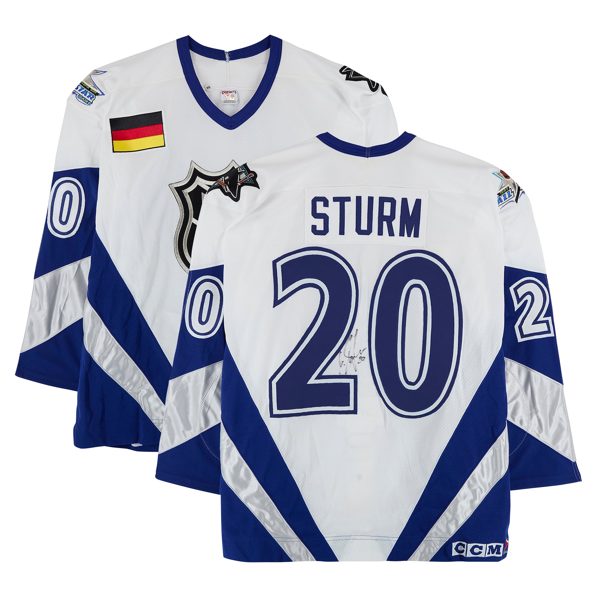 Maillot blanc n° 20 autographié par Marco Sturm, porté lors du match des étoiles de la LNH de 1999.