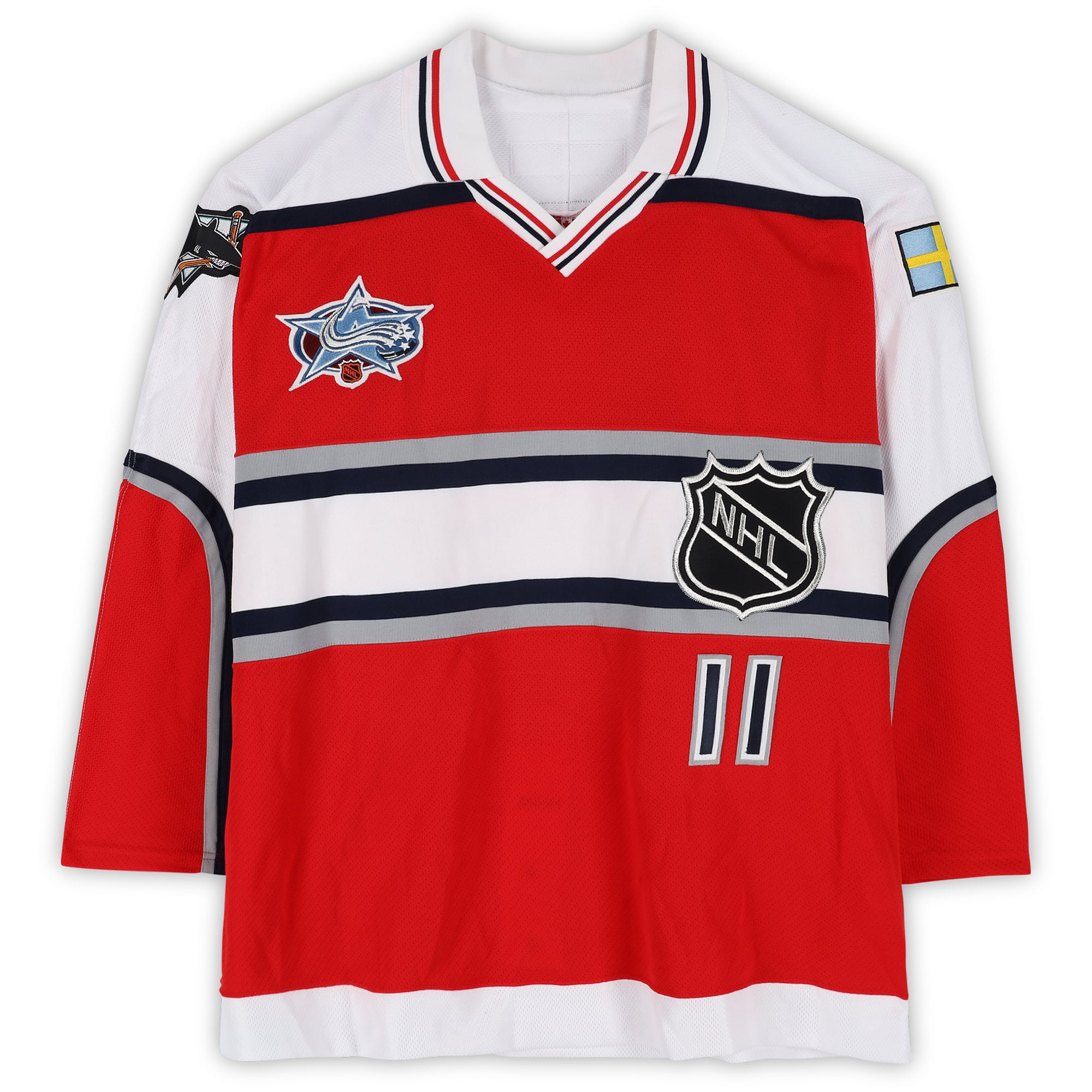 Maillot rouge n° 11 autographié par Marcus Ragnarsson (Équipe Monde) lors du Match des étoiles de la LNH 2001.