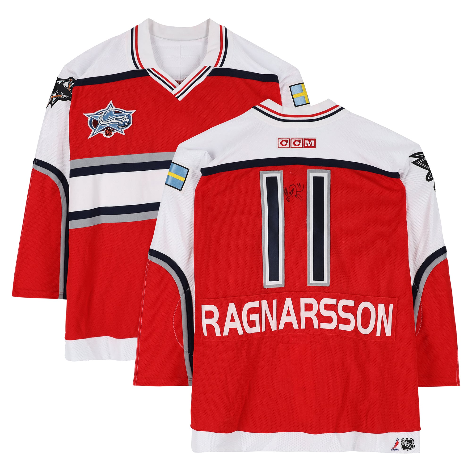 Maillot rouge n° 11 autographié par Marcus Ragnarsson (Équipe Monde) lors du Match des étoiles de la LNH 2001.