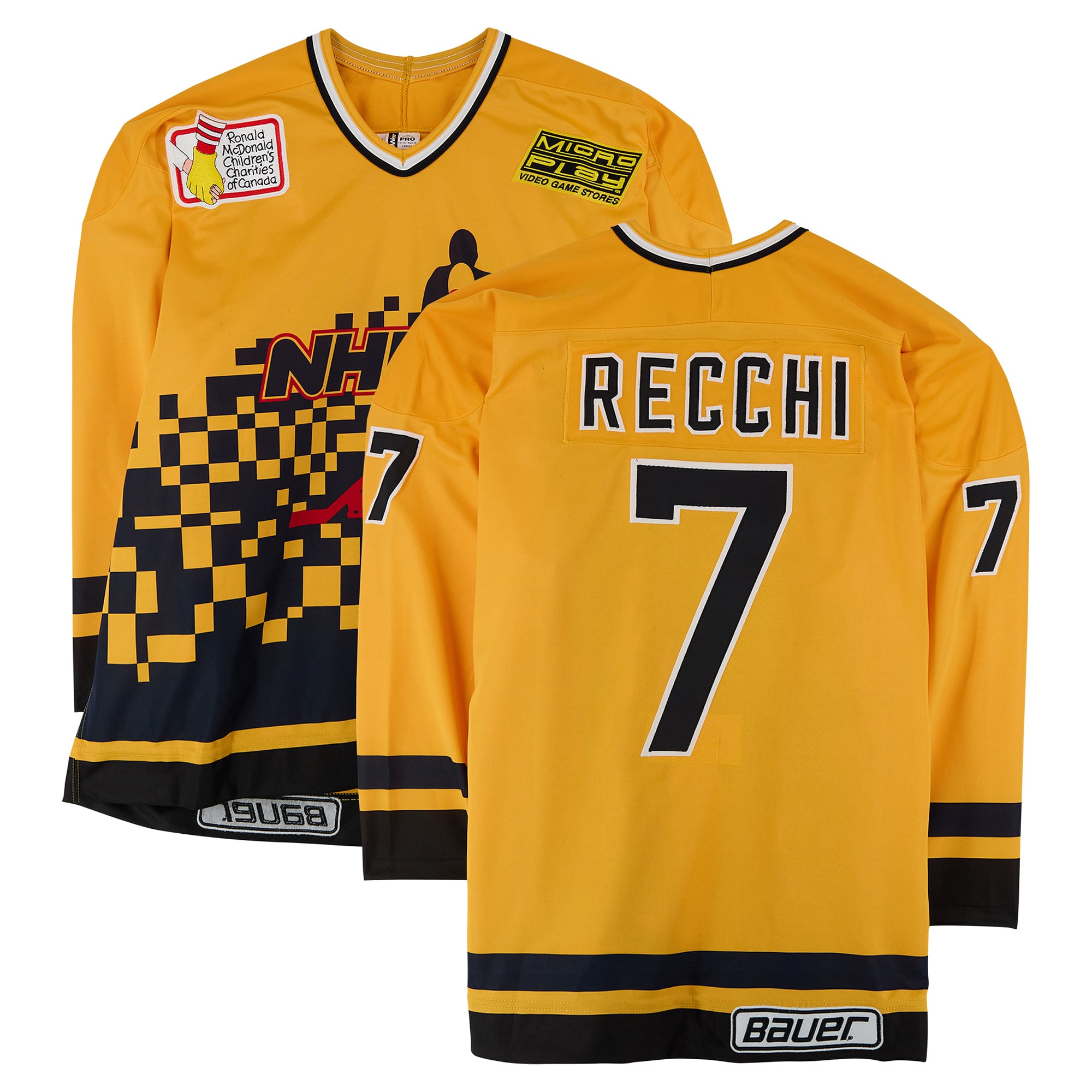 Maillot jaune numéro 7 porté par Mark Recchi, de l'équipe du Canada, lors du défi à 4 contre 4 de la LNH de 1994.