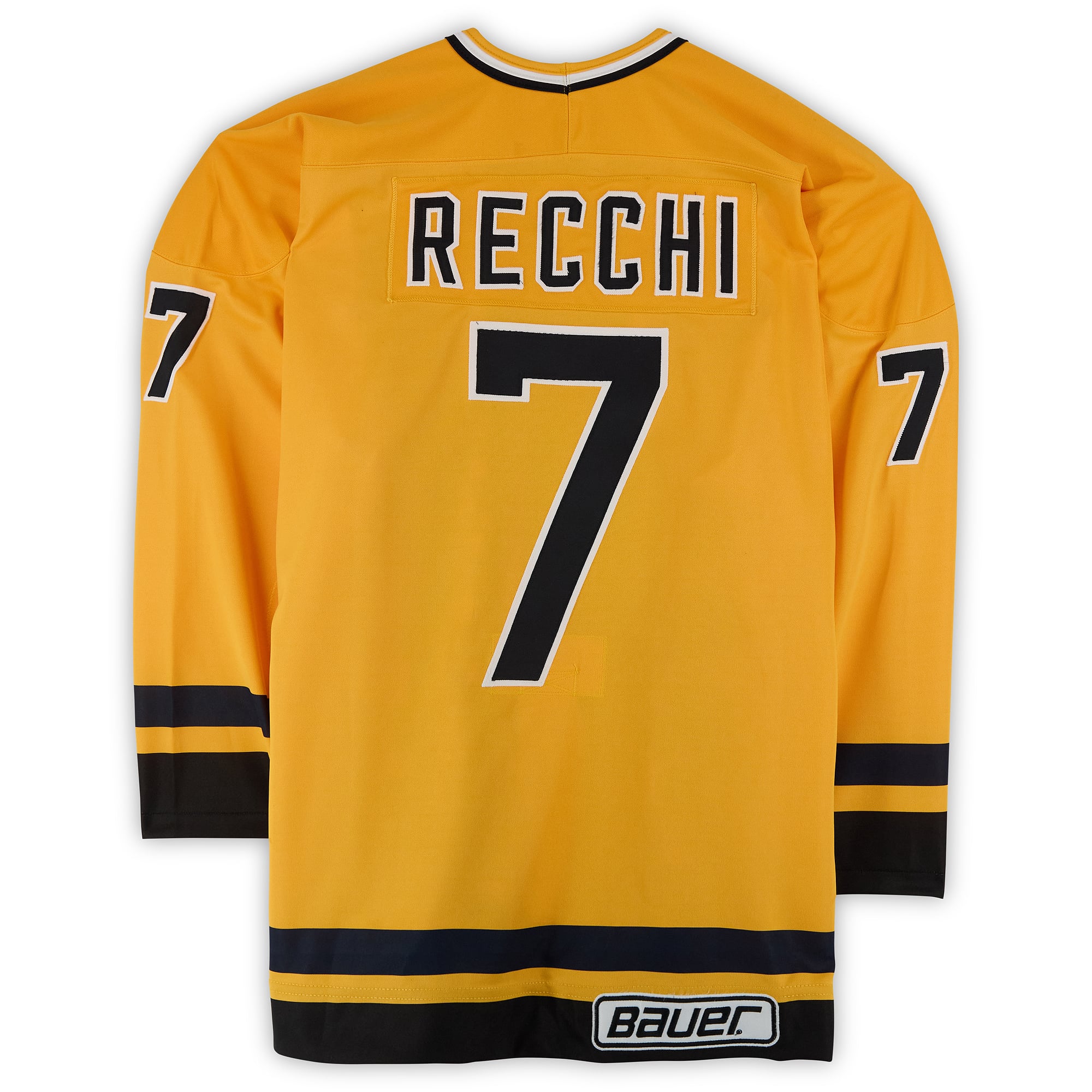 Maillot jaune numéro 7 porté par Mark Recchi, de l'équipe du Canada, lors du défi à 4 contre 4 de la LNH de 1994.