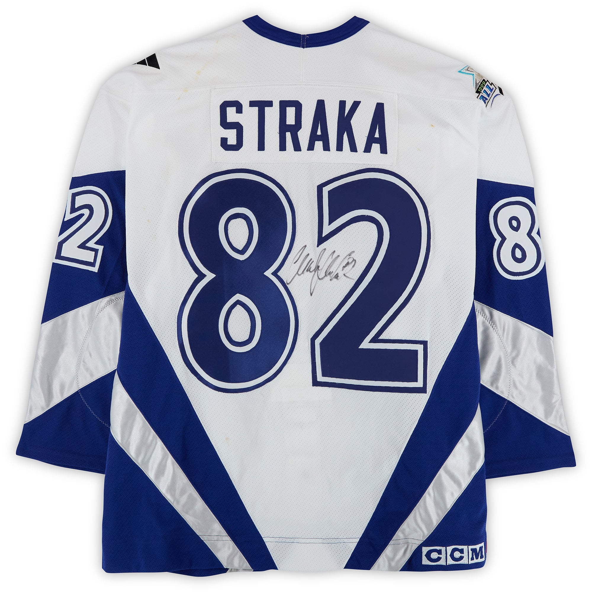 Maillot blanc n° 82 autographié par Martin Straka (Équipe Monde) porté lors du Match des étoiles de la LNH de 1999.