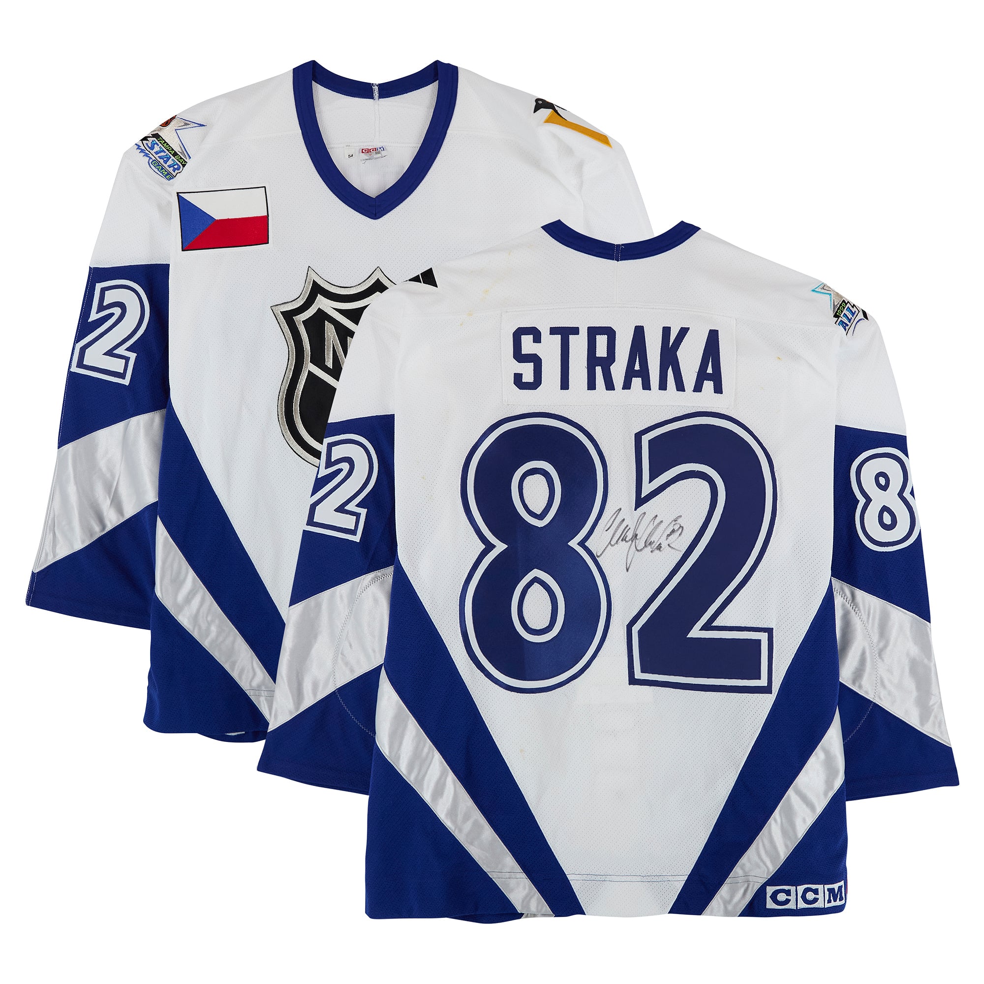 Maillot blanc n° 82 autographié par Martin Straka (Équipe Monde) porté lors du Match des étoiles de la LNH de 1999.