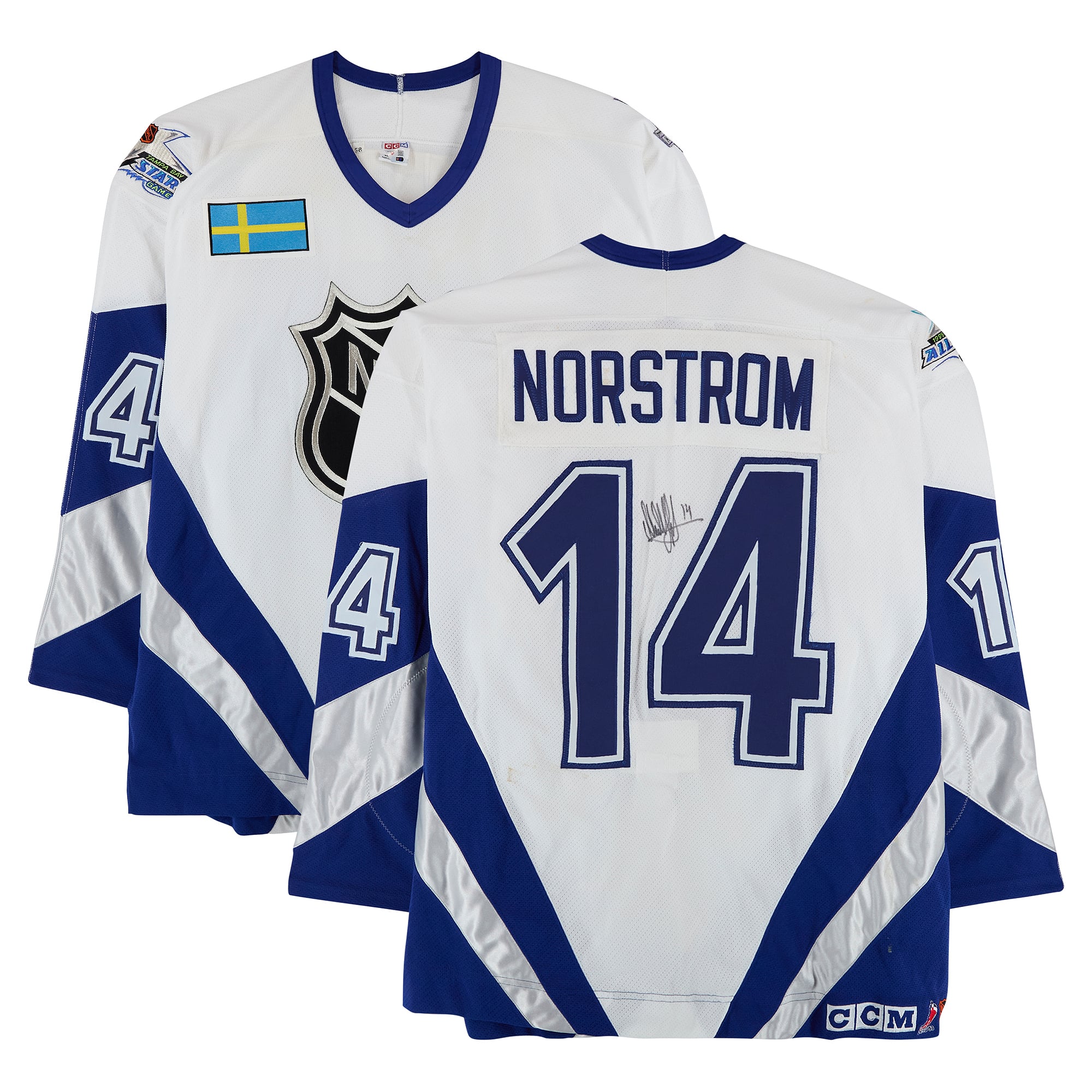Mattias Norstrom Team World Autographed Game-Used #14 White Jersey from the 1999 NHL All-Star Game