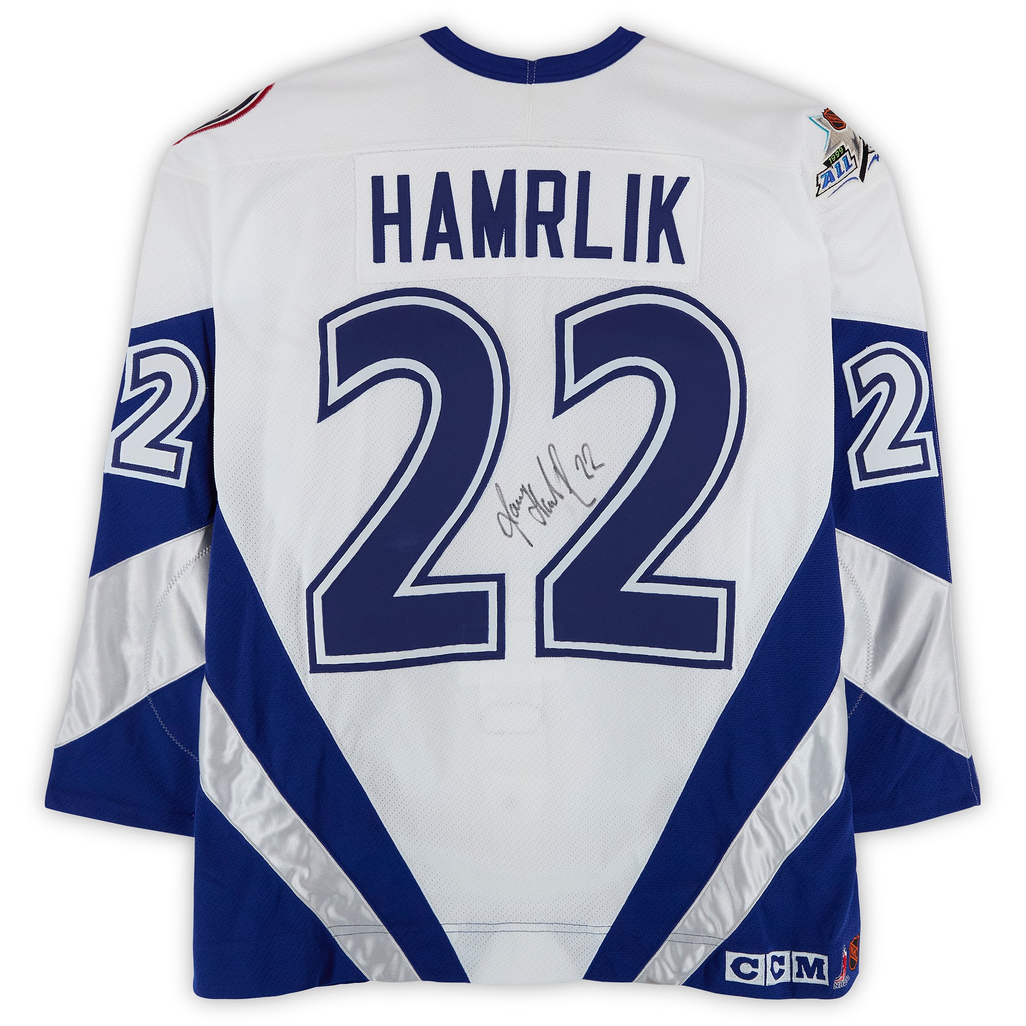 Roman Hamrlik Team World Autographed Game-Used #22 White Jersey from the 1999 NHL All-Star Game