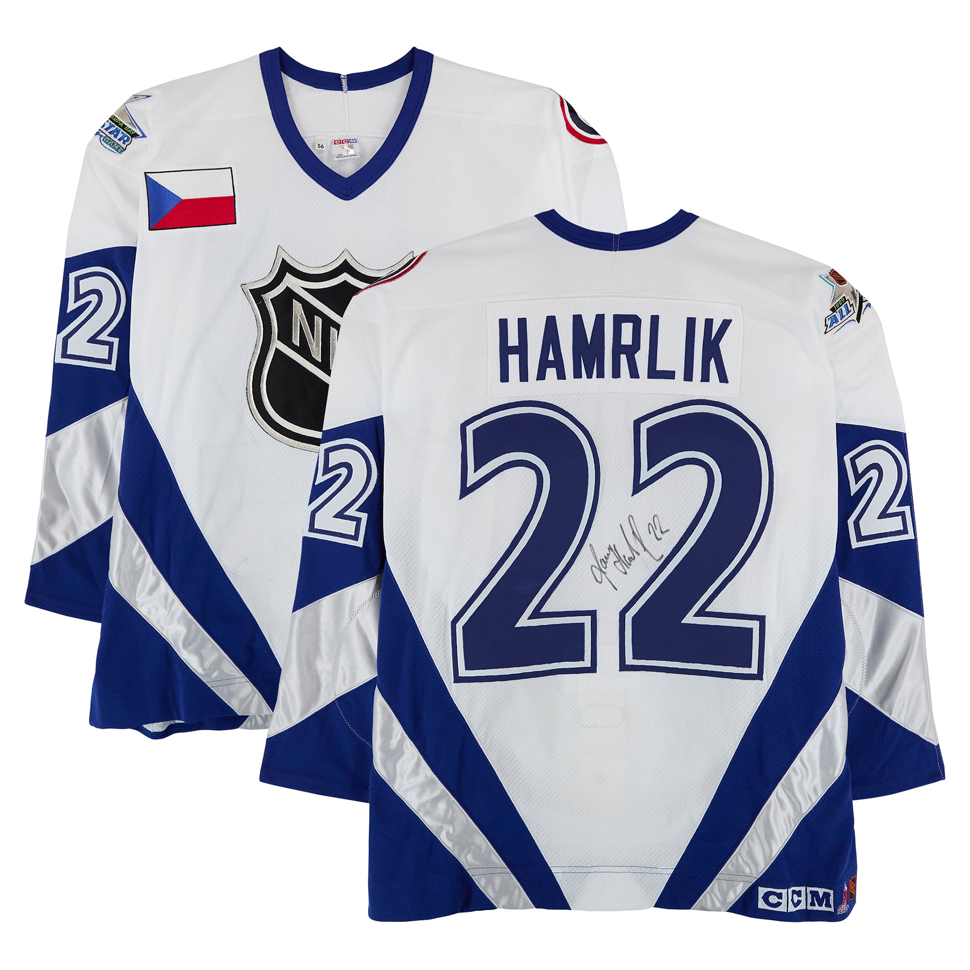 Roman Hamrlik Team World Autographed Game-Used #22 White Jersey from the 1999 NHL All-Star Game