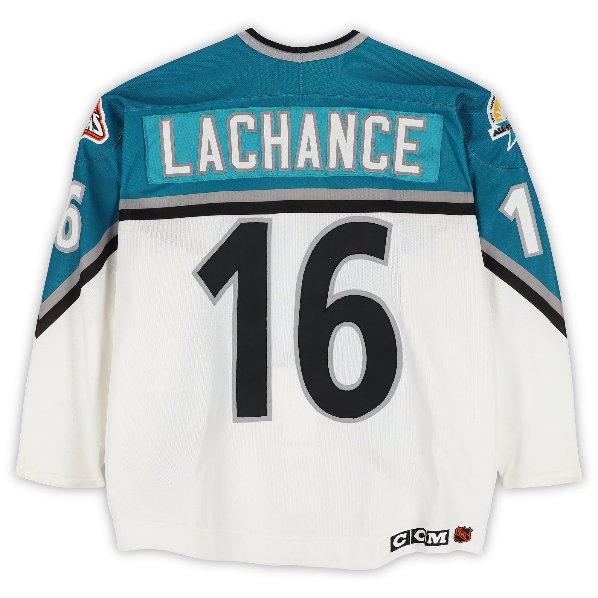 Scott Lachance Eastern Conference Game-Used #16 White Jersey from the 1997 NHL All-Star Game