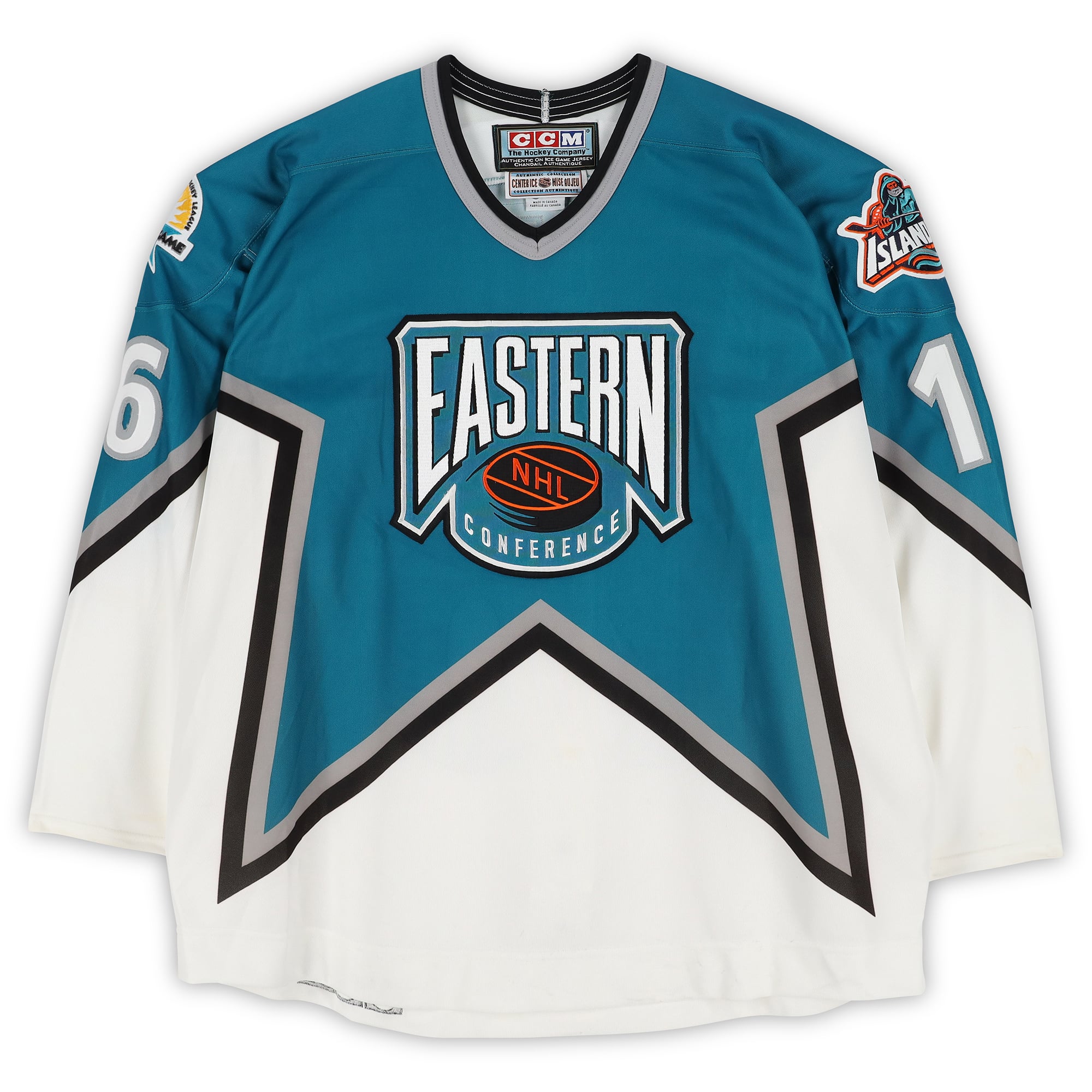 Scott Lachance Eastern Conference Game-Used #16 White Jersey from the 1997 NHL All-Star Game