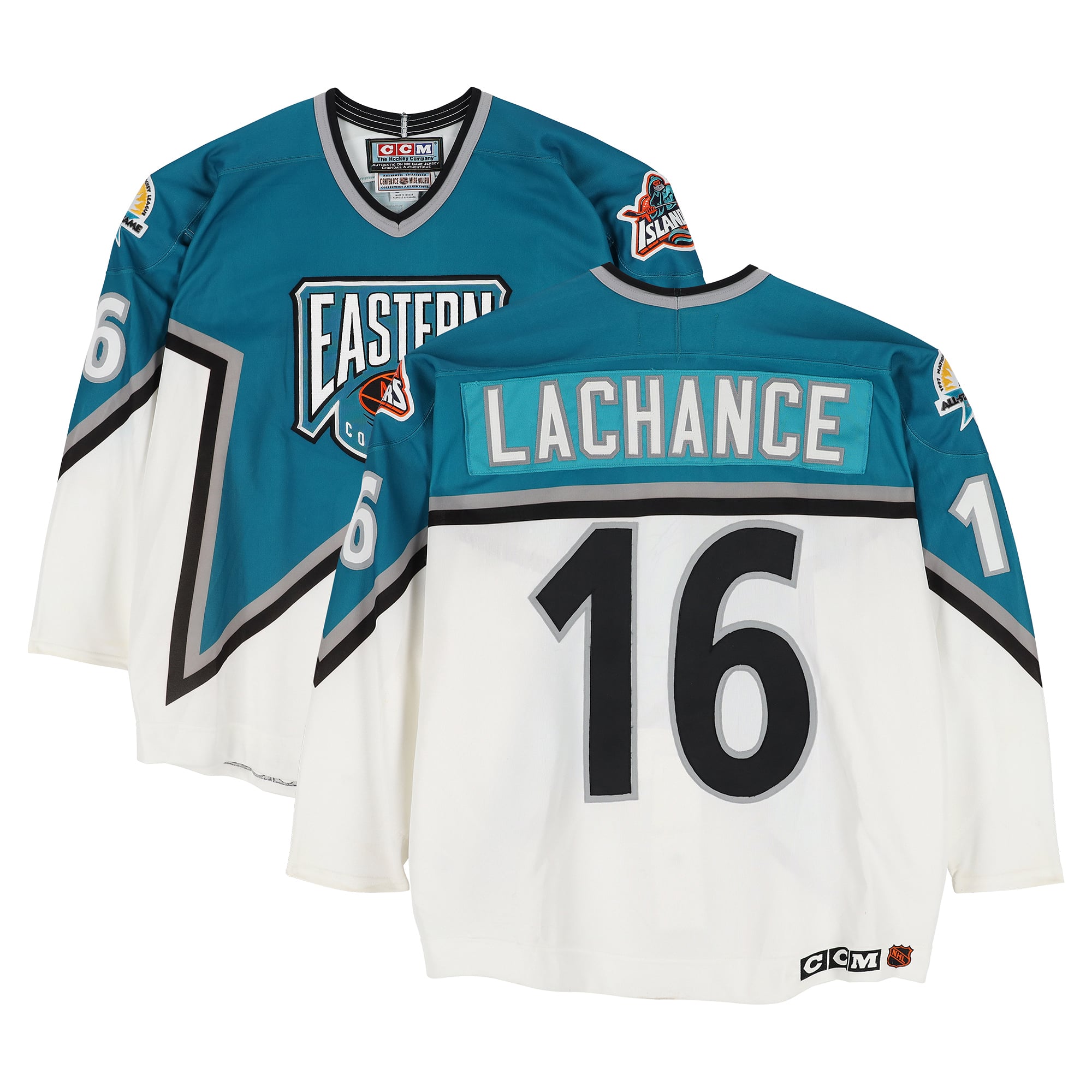 Scott Lachance Eastern Conference Game-Used #16 White Jersey from the 1997 NHL All-Star Game