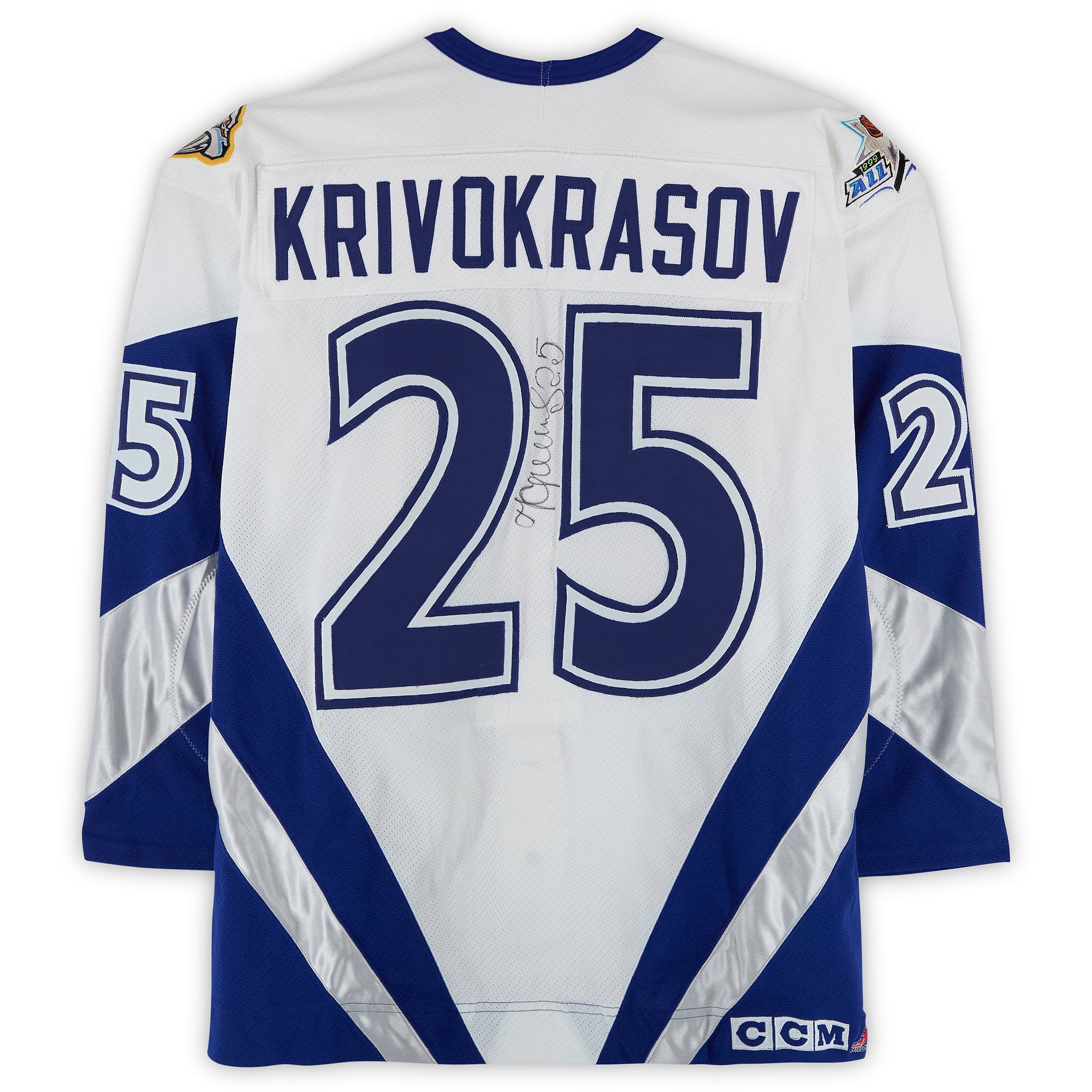 Sergei Krivokrasov Team World Autographed Game-Used #25 White Jersey from the 1999 NHL All-Star Game
