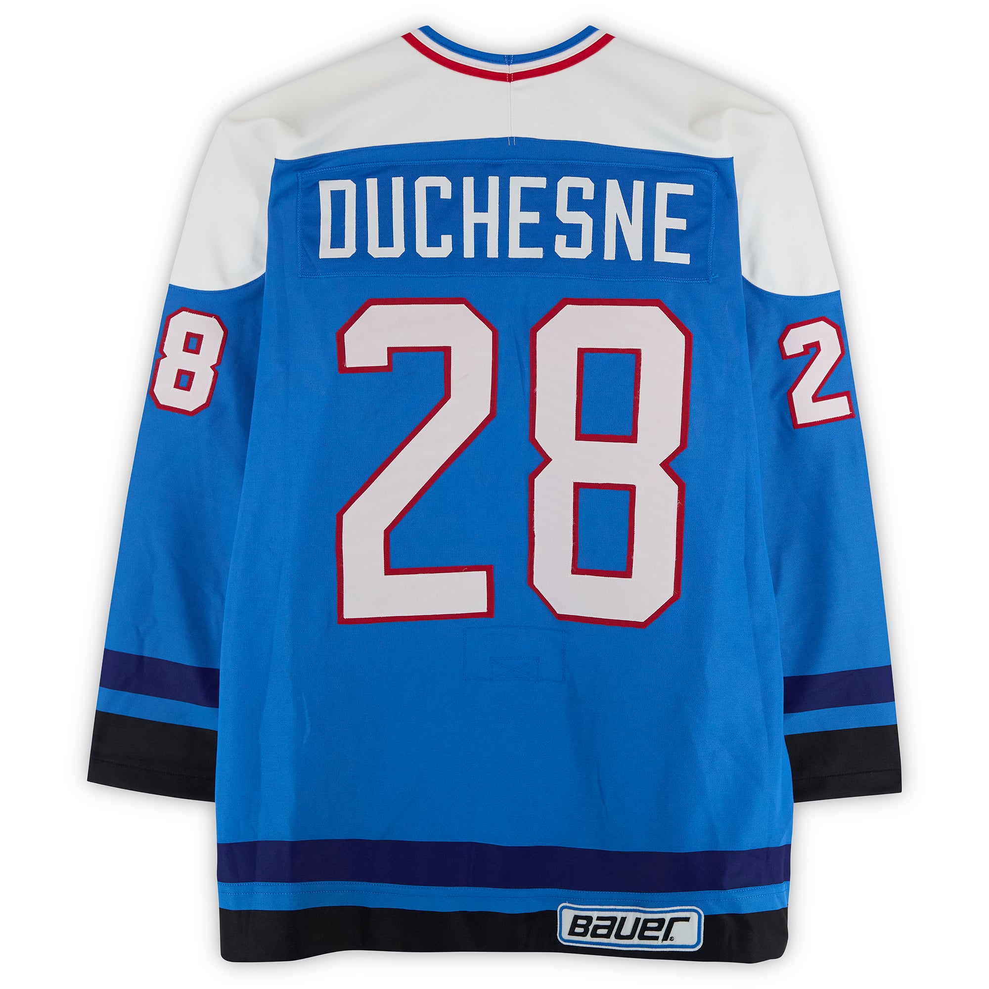 Steve Duchesne Team Quebec Game-Used #28 Blue Bauer Jersey from the 1994 NHL 4 on 4 Challenge
