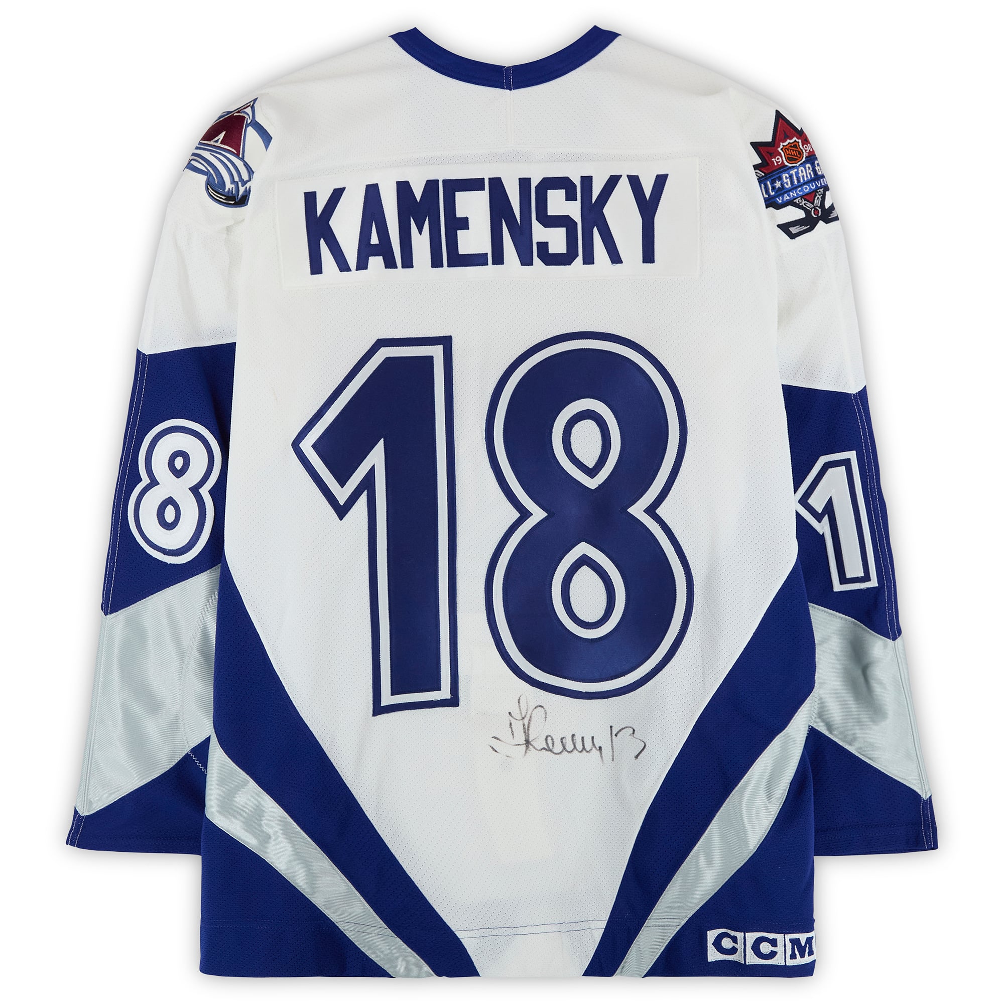 Maillot blanc n° 18 autographié par Valeri Kamensky, porté lors du Match des étoiles de la LNH de 1998.