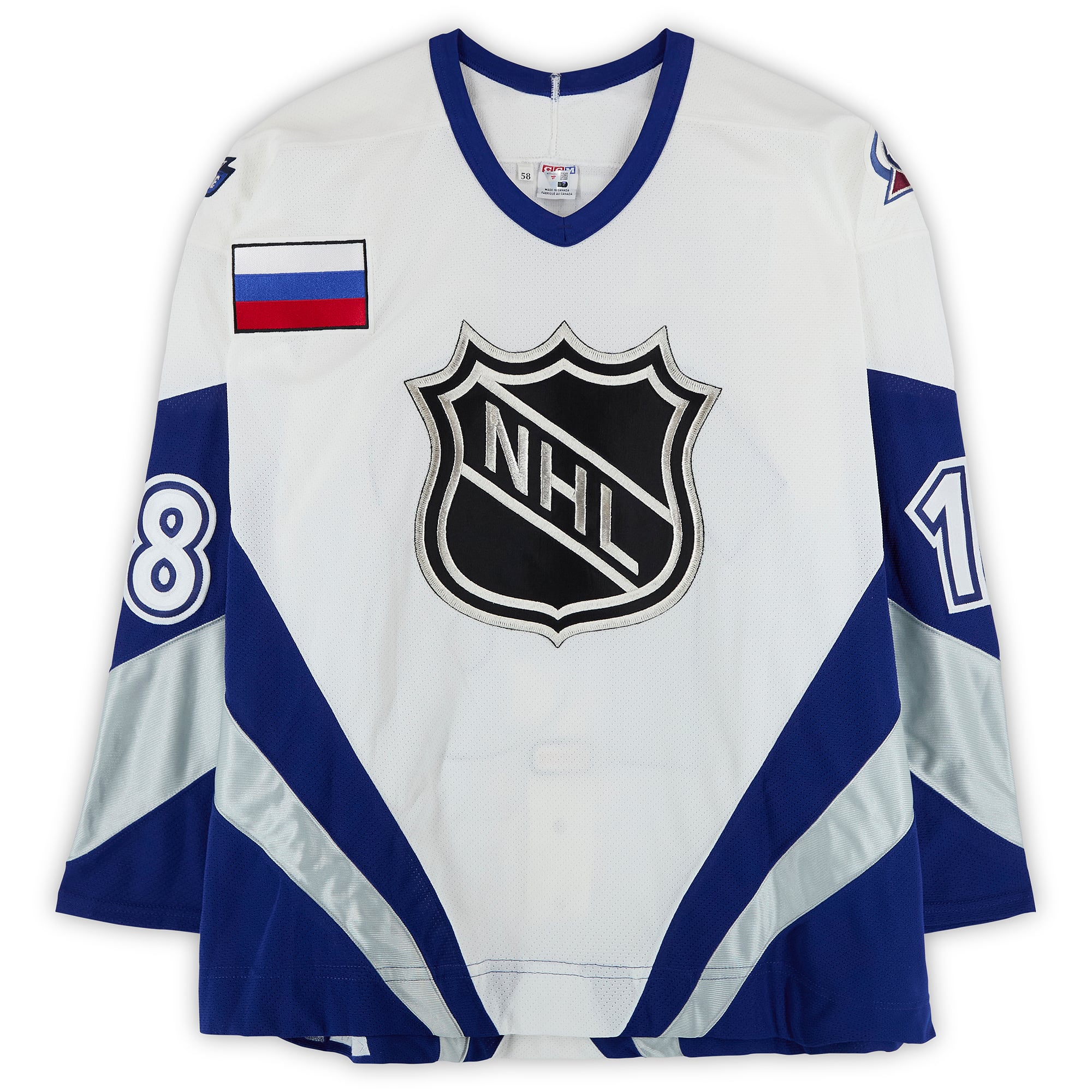 Maillot blanc n° 18 autographié par Valeri Kamensky, porté lors du Match des étoiles de la LNH de 1998.