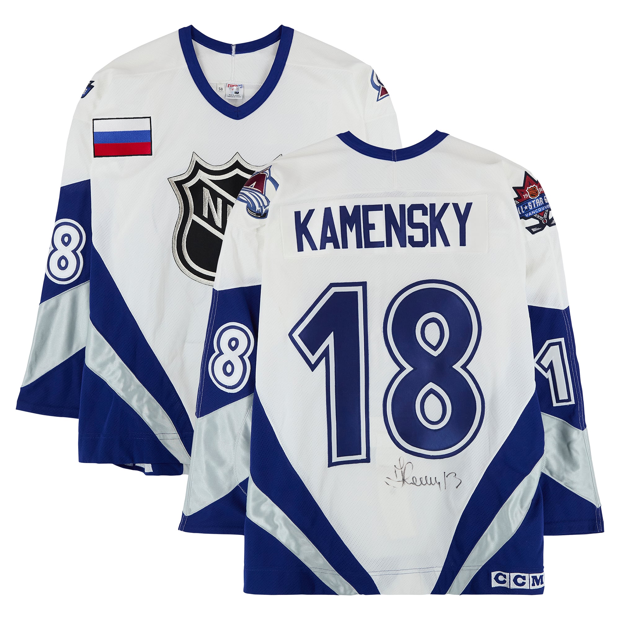 Maillot blanc n° 18 autographié par Valeri Kamensky, porté lors du Match des étoiles de la LNH de 1998.