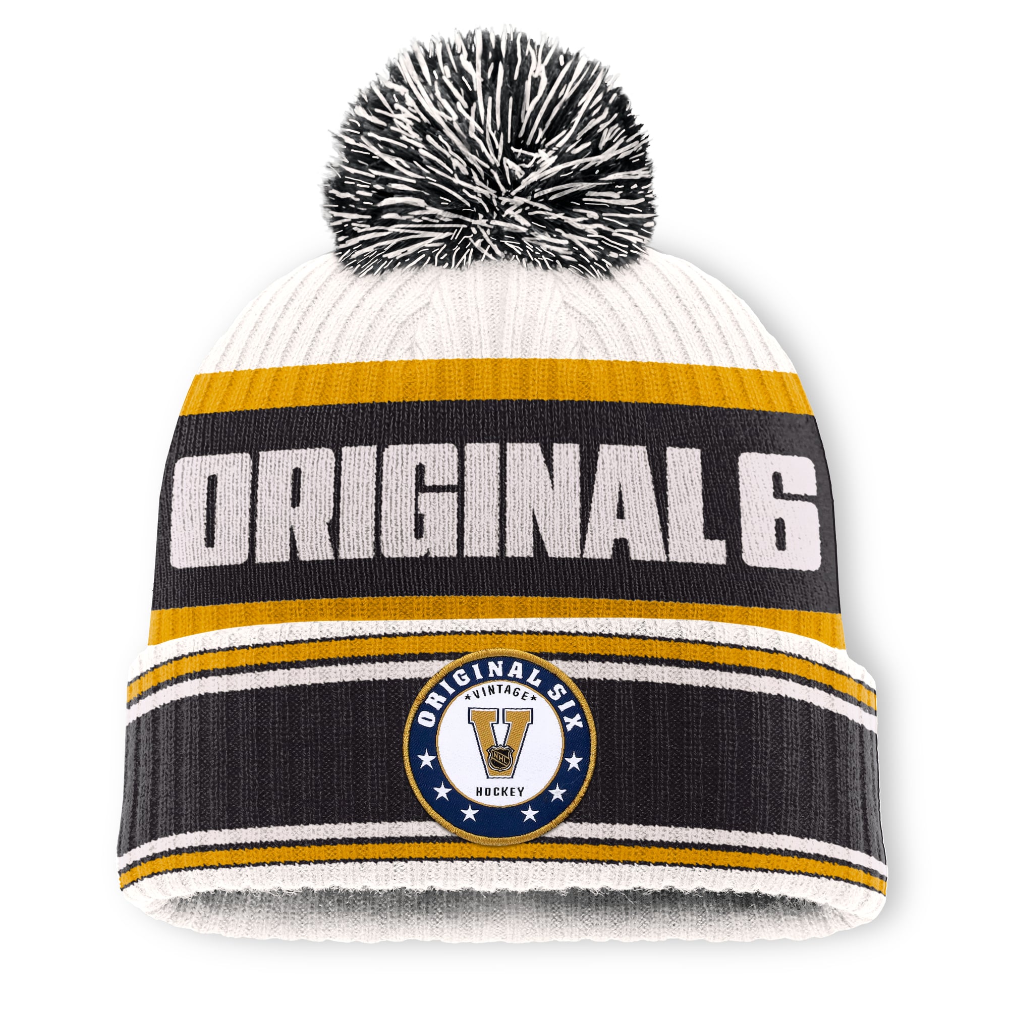 Bonnet Fanatics Original Six crème/noir pour homme, à revers et pompon