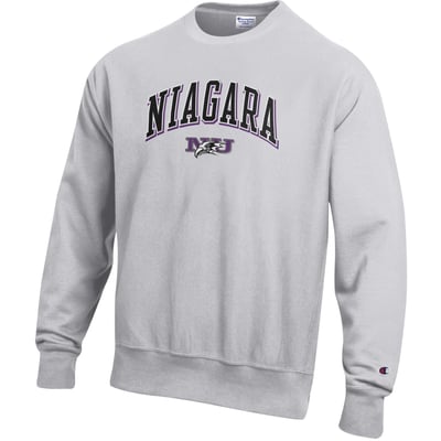 Niagara Purple Eagles Champion Arch Logo Reverse Weave Crew - Gray