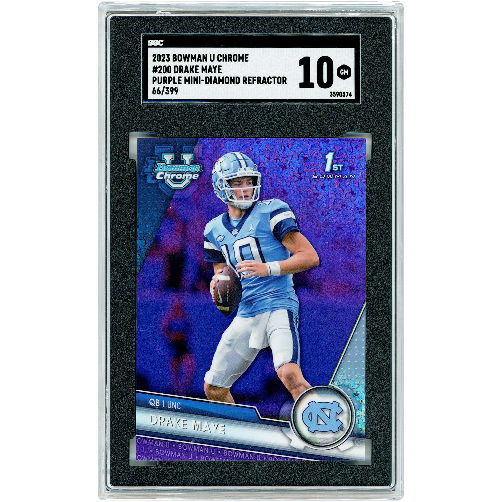 Drake Maye North Carolina Tar Heels 2023 Bowman U Chrome Purple Mini Diamond Refractor #200 #66/399 SGC Authenticated 10 Card