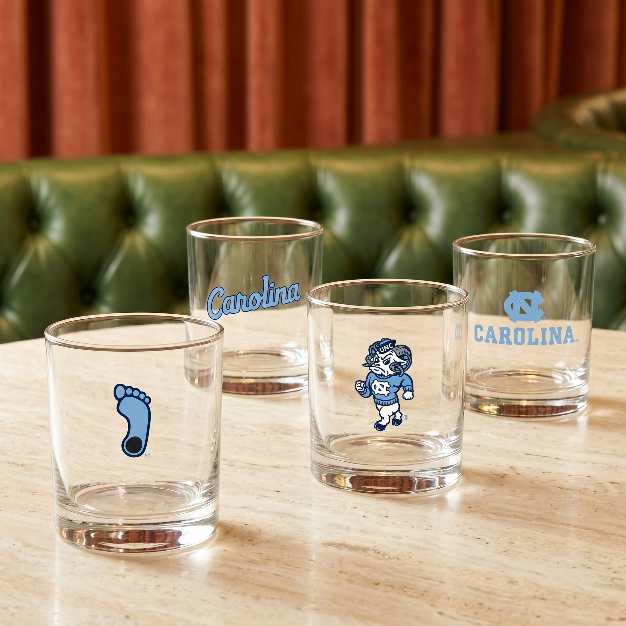 Coffret de 4 verres à whisky de collection Indigo Falls, Caroline du Nord, Tar Heels.