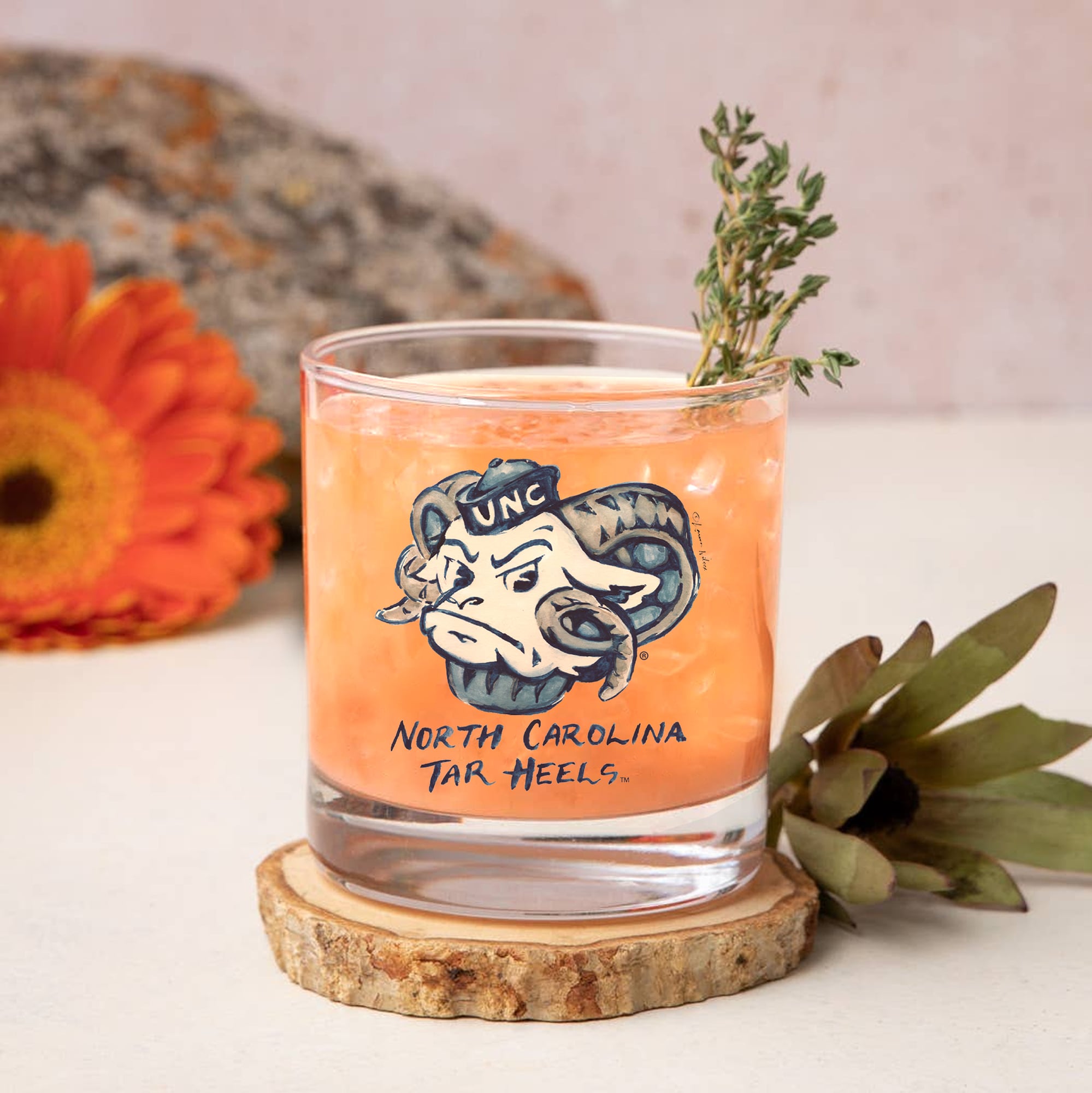Ensemble de 2 verres à whisky à l'effigie de Laura Wilcox, mascotte des Tar Heels de Caroline du Nord, à Indigo Falls