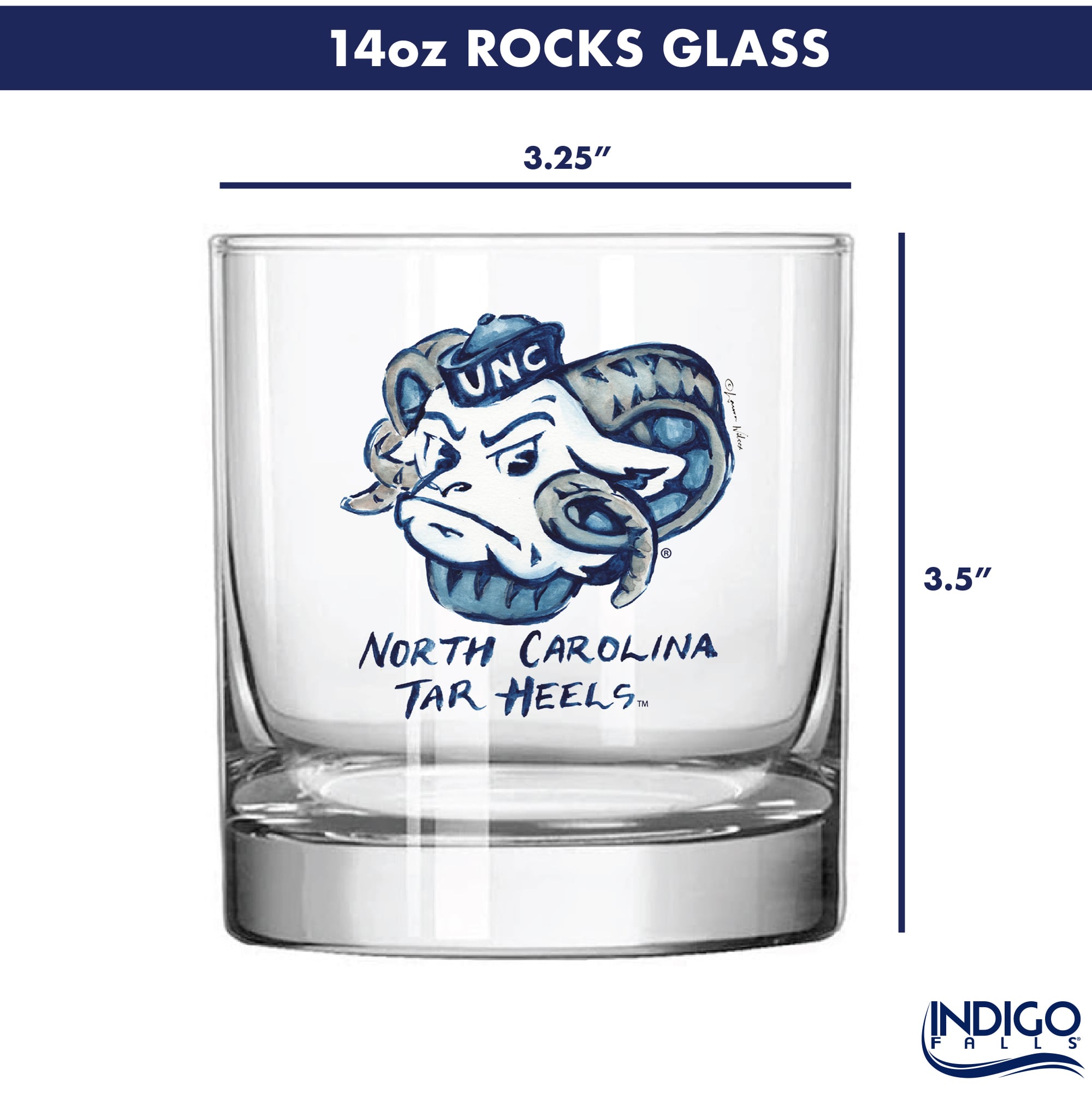 Ensemble de 2 verres à whisky à l'effigie de Laura Wilcox, mascotte des Tar Heels de Caroline du Nord, à Indigo Falls