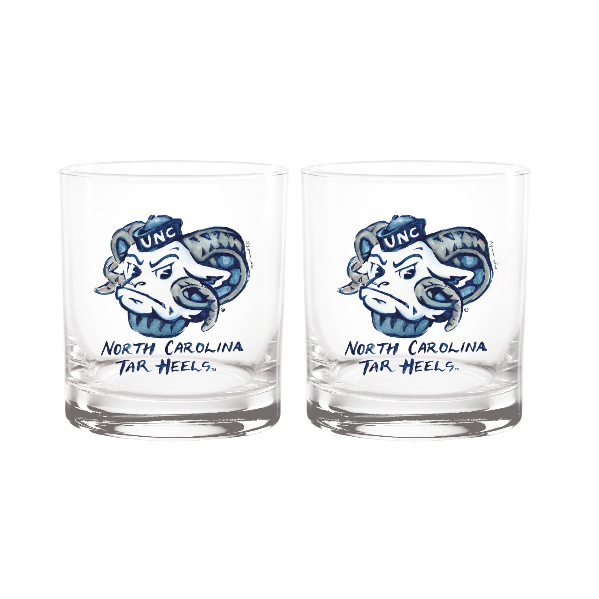 Ensemble de 2 verres à whisky à l'effigie de Laura Wilcox, mascotte des Tar Heels de Caroline du Nord, à Indigo Falls
