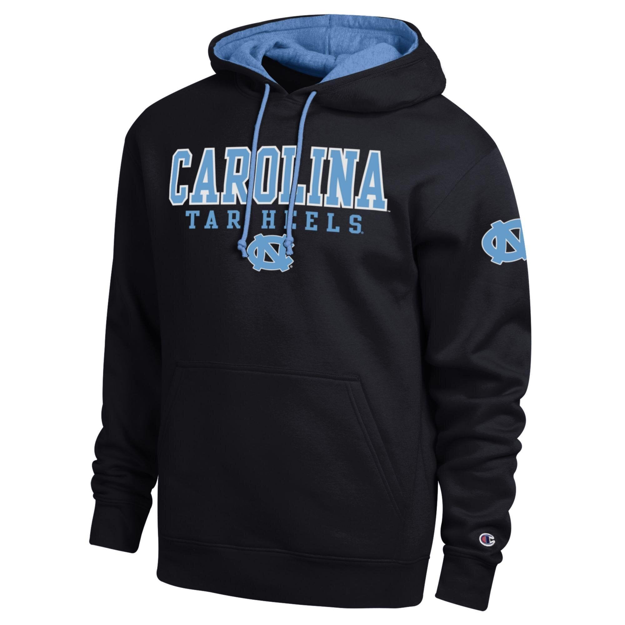 Sweat à capuche contrasté Champion noir pour homme, aux couleurs des Tar Heels de Caroline du Nord.