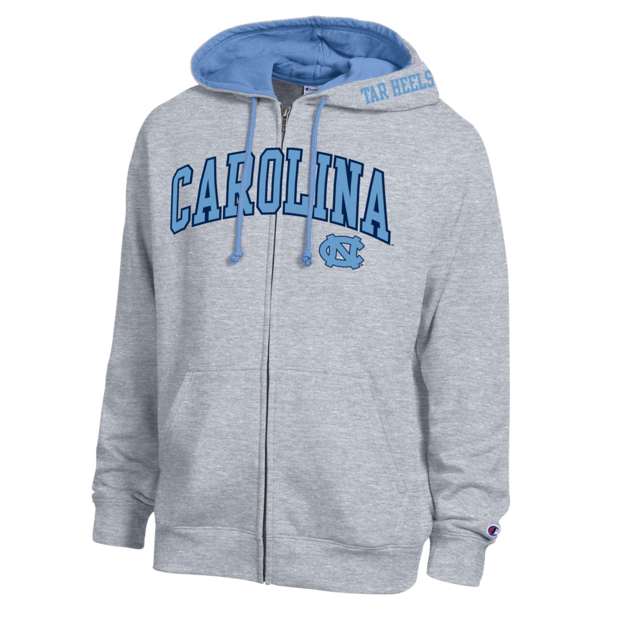 Sweat à capuche zippé en polaire Champion pour homme, gris chiné, logo Arch des Tar Heels de Caroline du Nord
