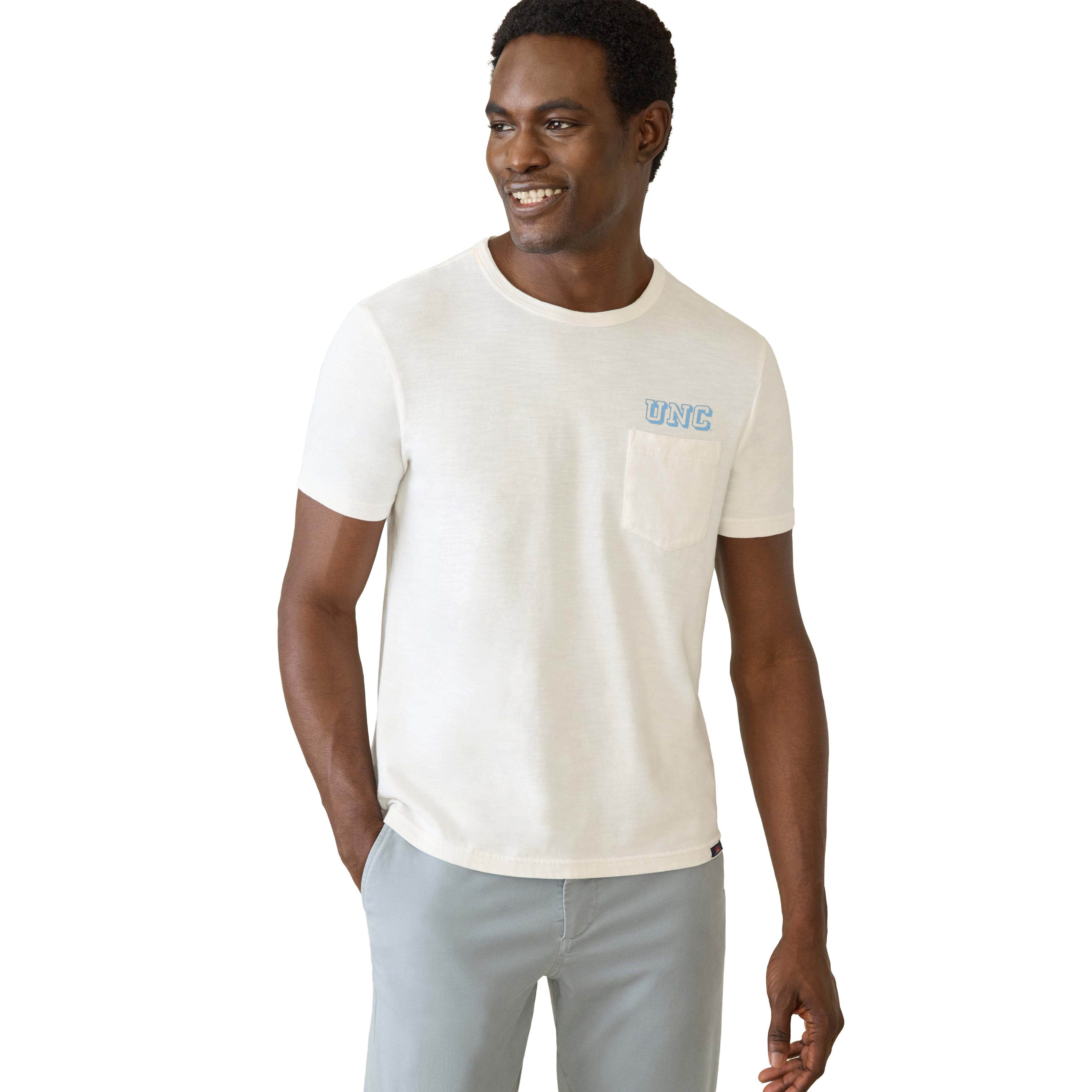 T-shirt à poche FAHERTY blanc pour homme, North Carolina Tar Heels, délavé par le soleil