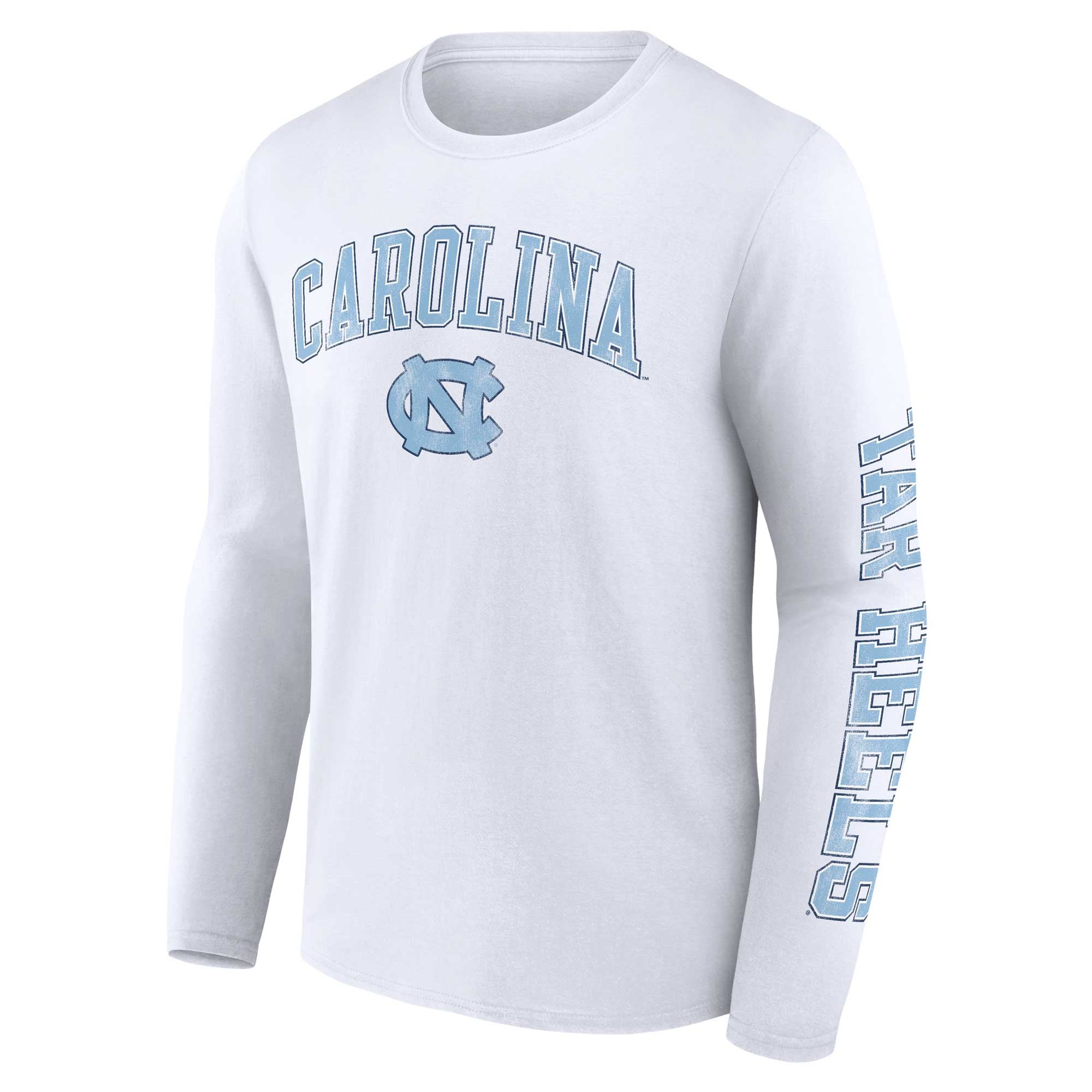 Men's Fanatics White North Carolina Tar Heels Distressed Arch Over Logo Long Sleeve T-Shirt
