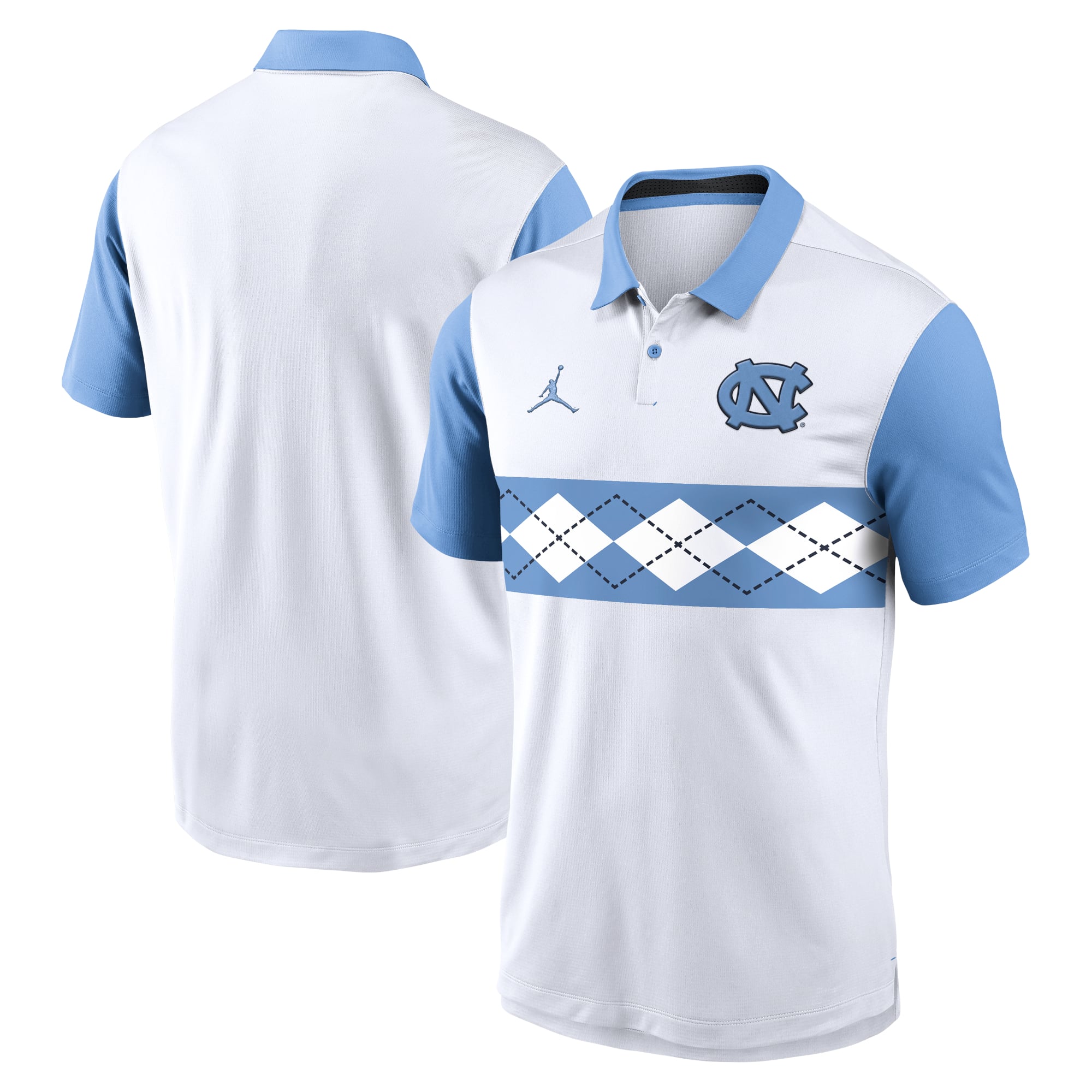 Polo Jordan Brand Vapor Dri-FIT pour homme, blanc/bleu Caroline, motif Campus Primetime des Tar Heels de Caroline du Nord