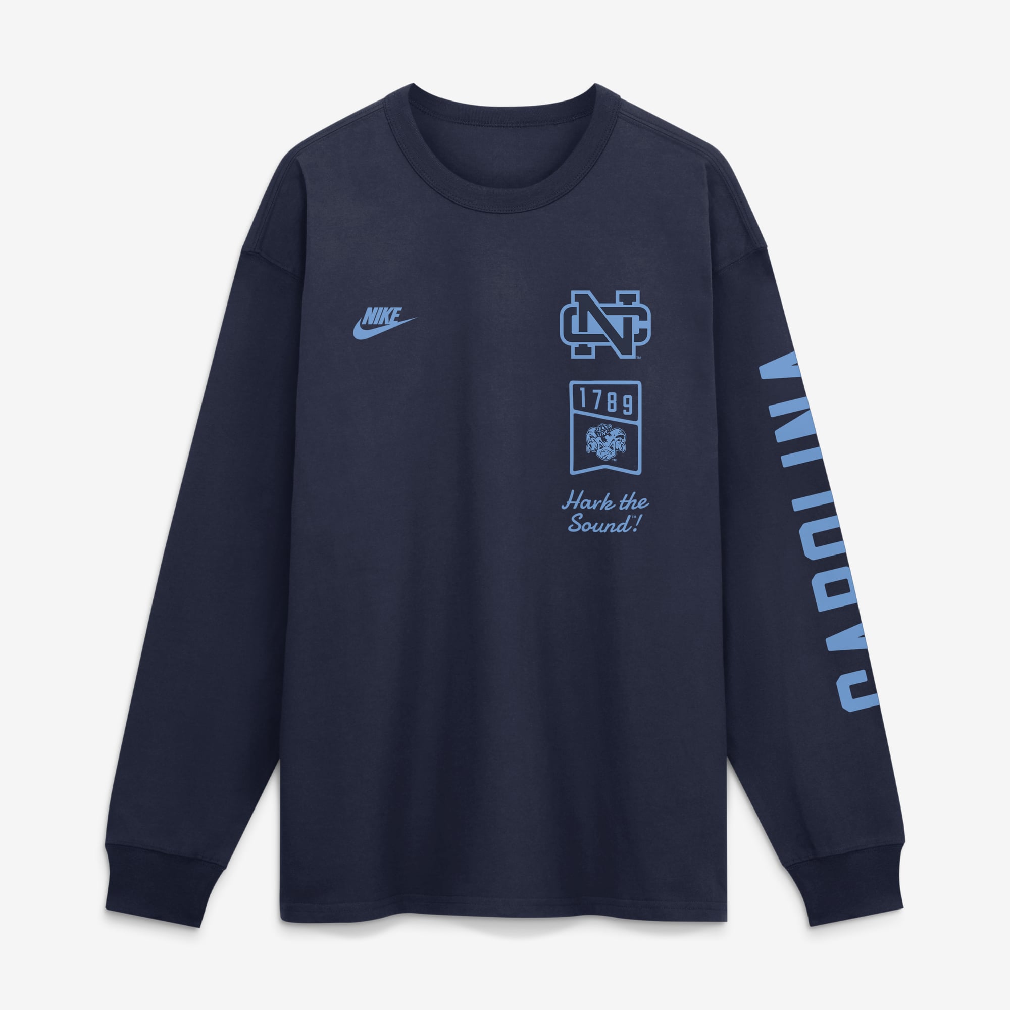 T-shirt à manches longues Nike Max 90 Legacy Multi Graphic pour homme, bleu marine, North Carolina Tar Heels