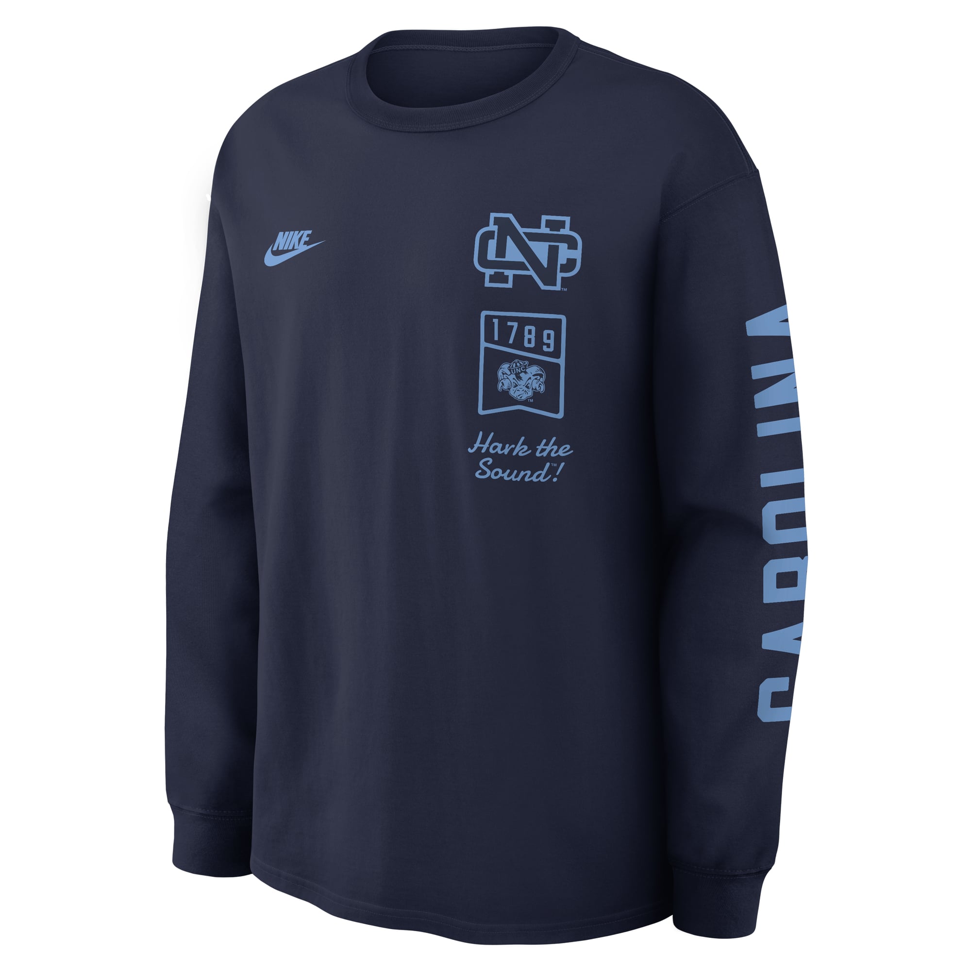 T-shirt à manches longues Nike Max 90 Legacy Multi Graphic pour homme, bleu marine, North Carolina Tar Heels