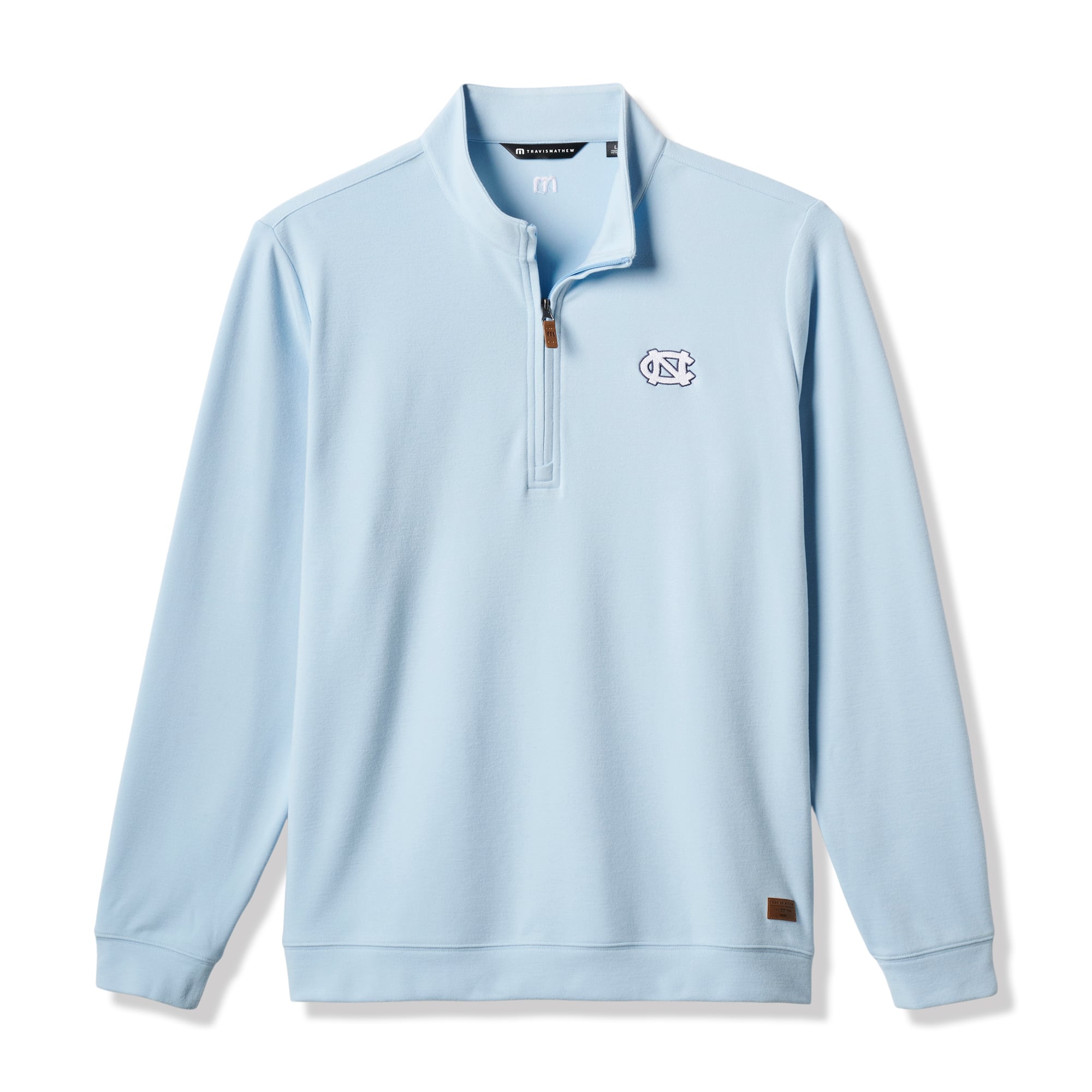 Pull TravisMathew bleu Caroline pour homme, modèle domicile Cloud des Tar Heels de du Nord, en mélange trois matières, couleur Cloud.