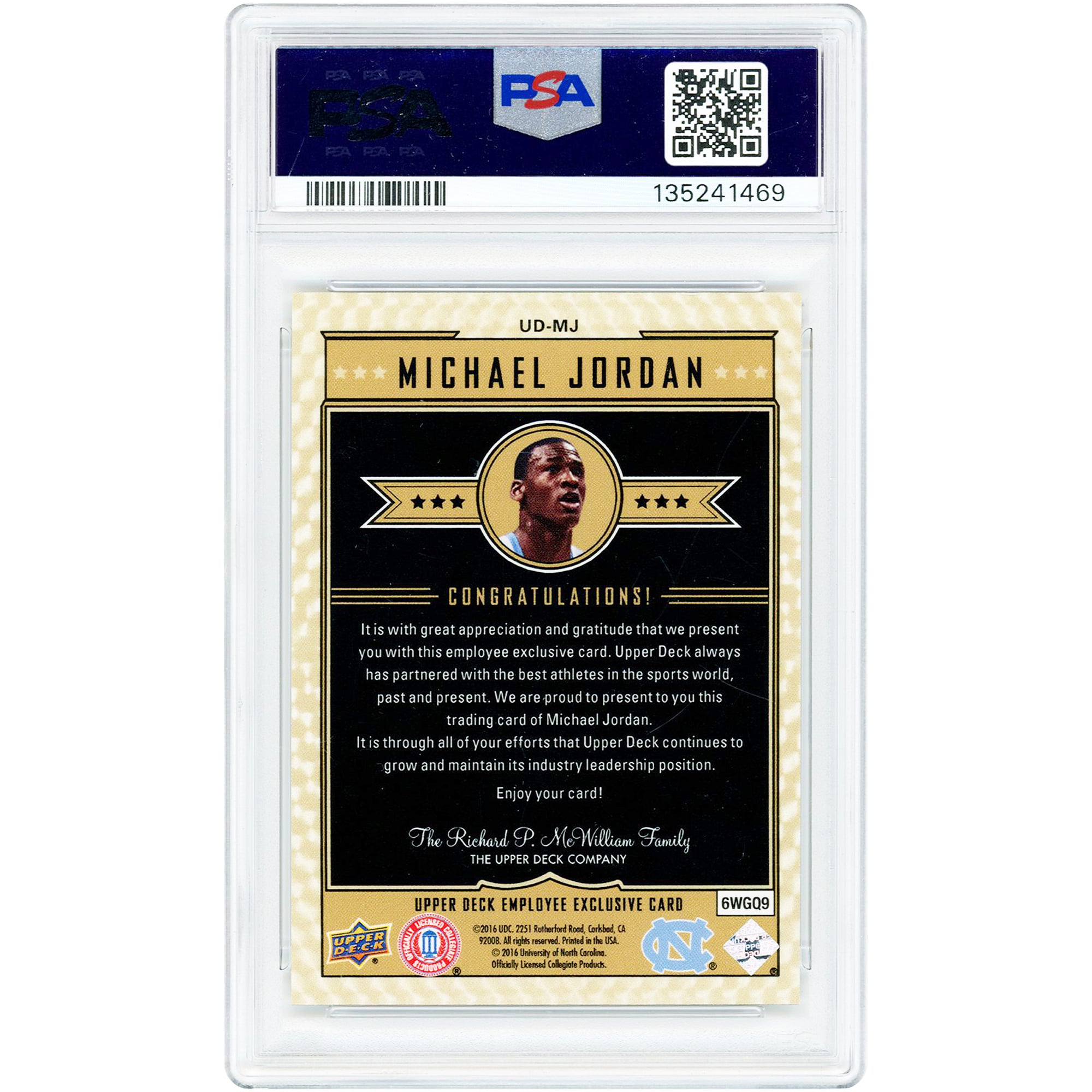 Michael Jordan North Carolina Tar Heels 2016 Upper Deck Employee Exclusive Gold Vinyl Refractor #UD-MJ PSA Authenticated 9 Card