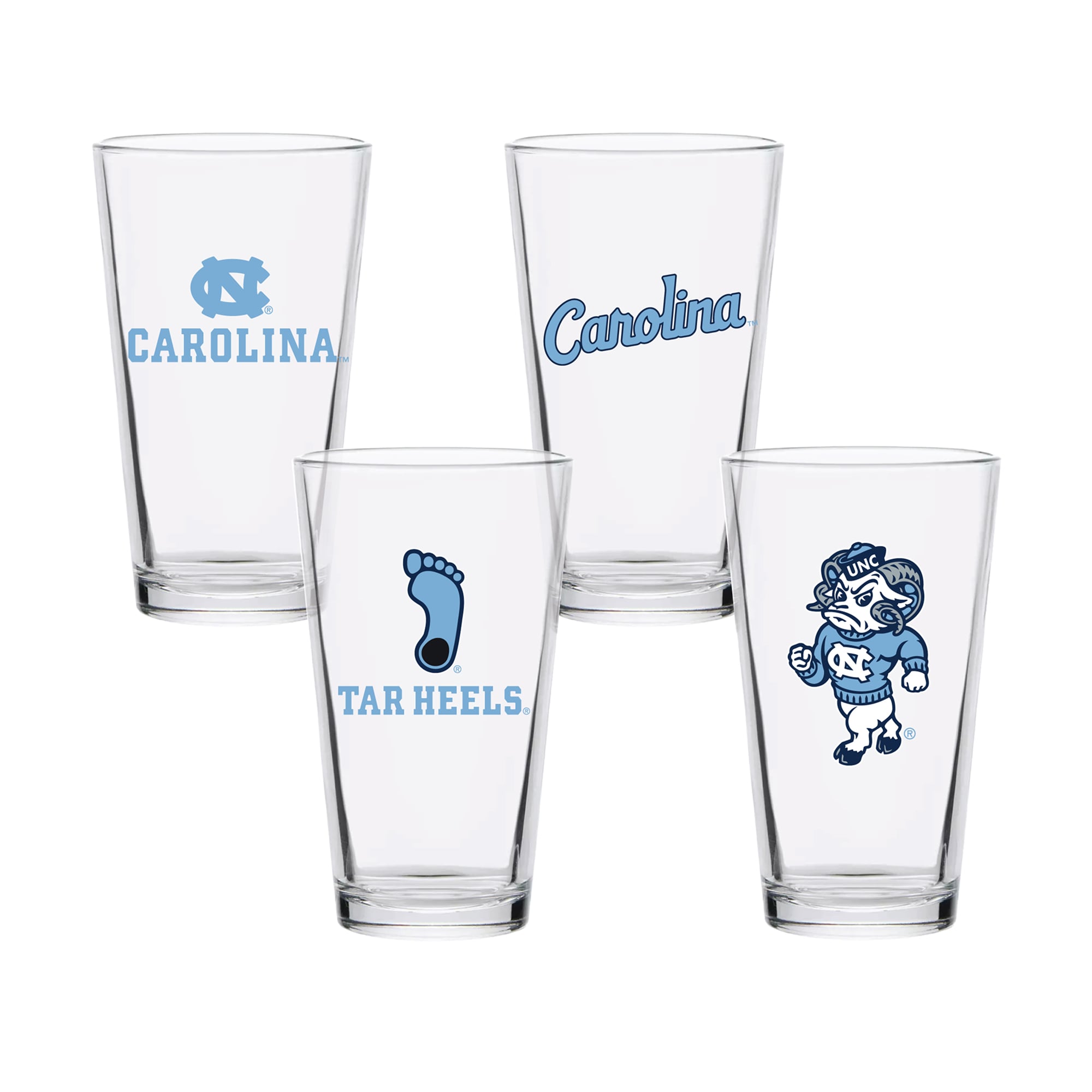 Ensemble de quatre verres à bière de collection North Carolina Tar Heels de 473 ml (16 oz).