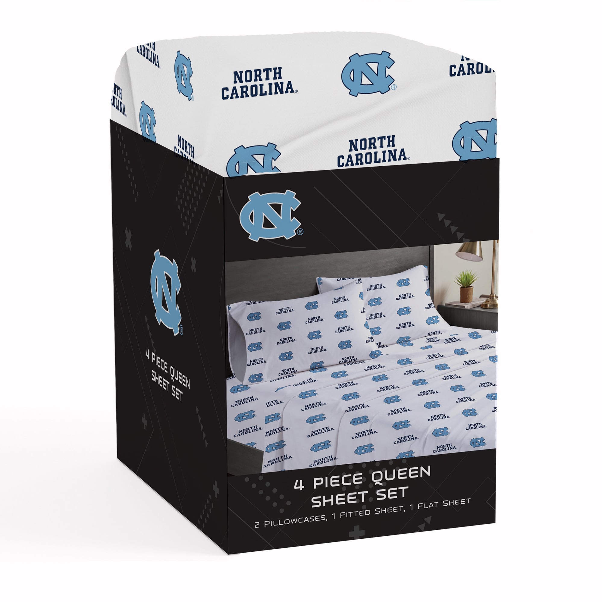 Ensemble de draps quatre pièces Pegasus North Carolina Tar Heels pour lit queen