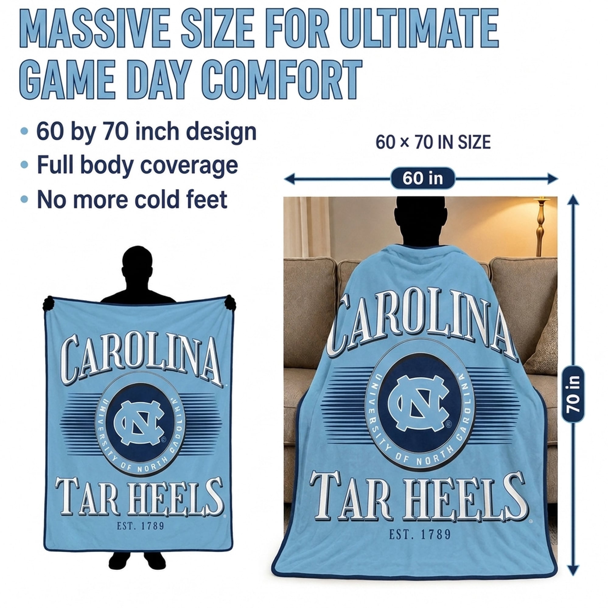 Couverture Pegasus North Carolina Tar Heels Spotlight Arch 60" x 70" ultra douce