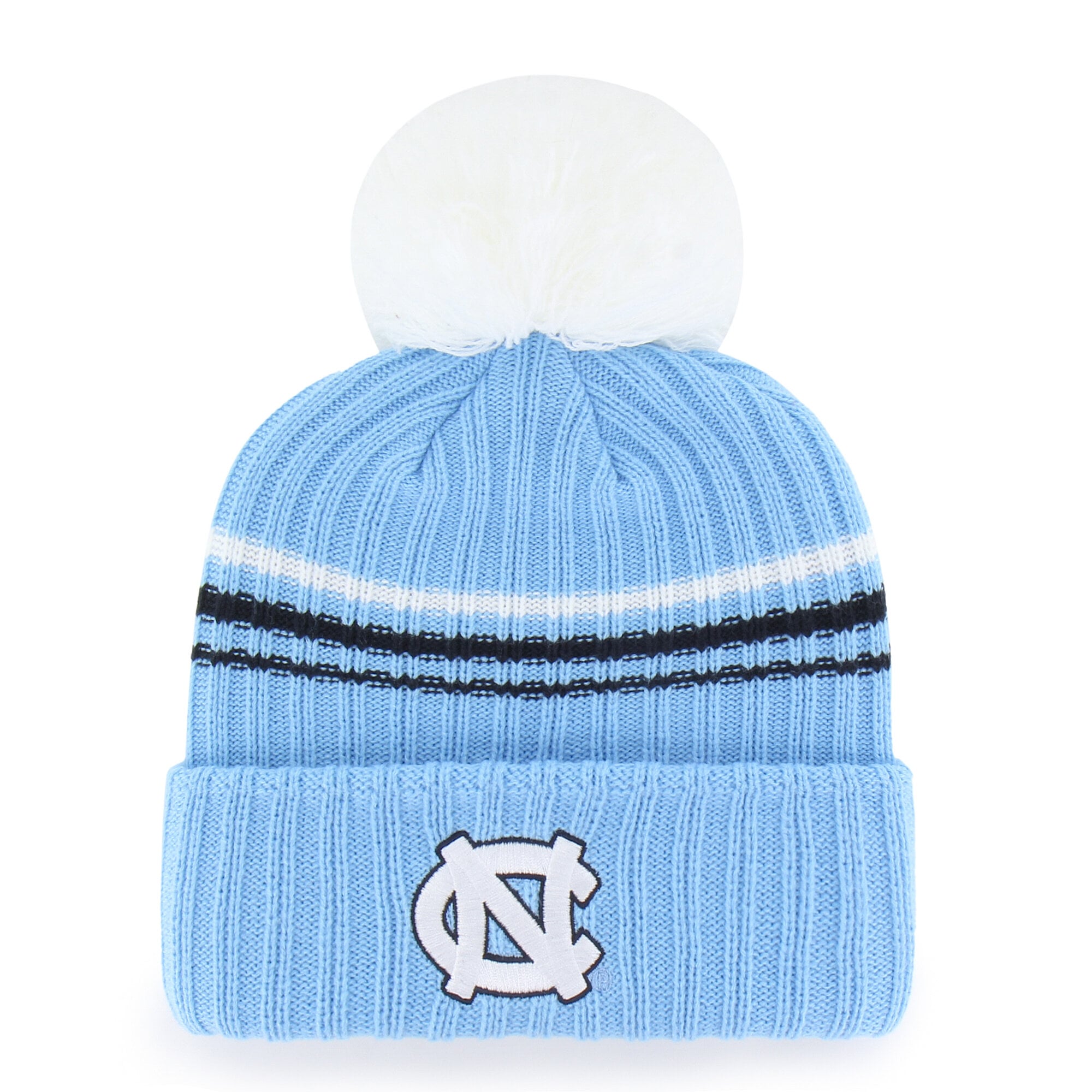 Bonnet tricoté à pompon et inscription duveteuse, modèle 47 Carolina Blue, pour femme, des Tar Heels de Caroline du Nord.