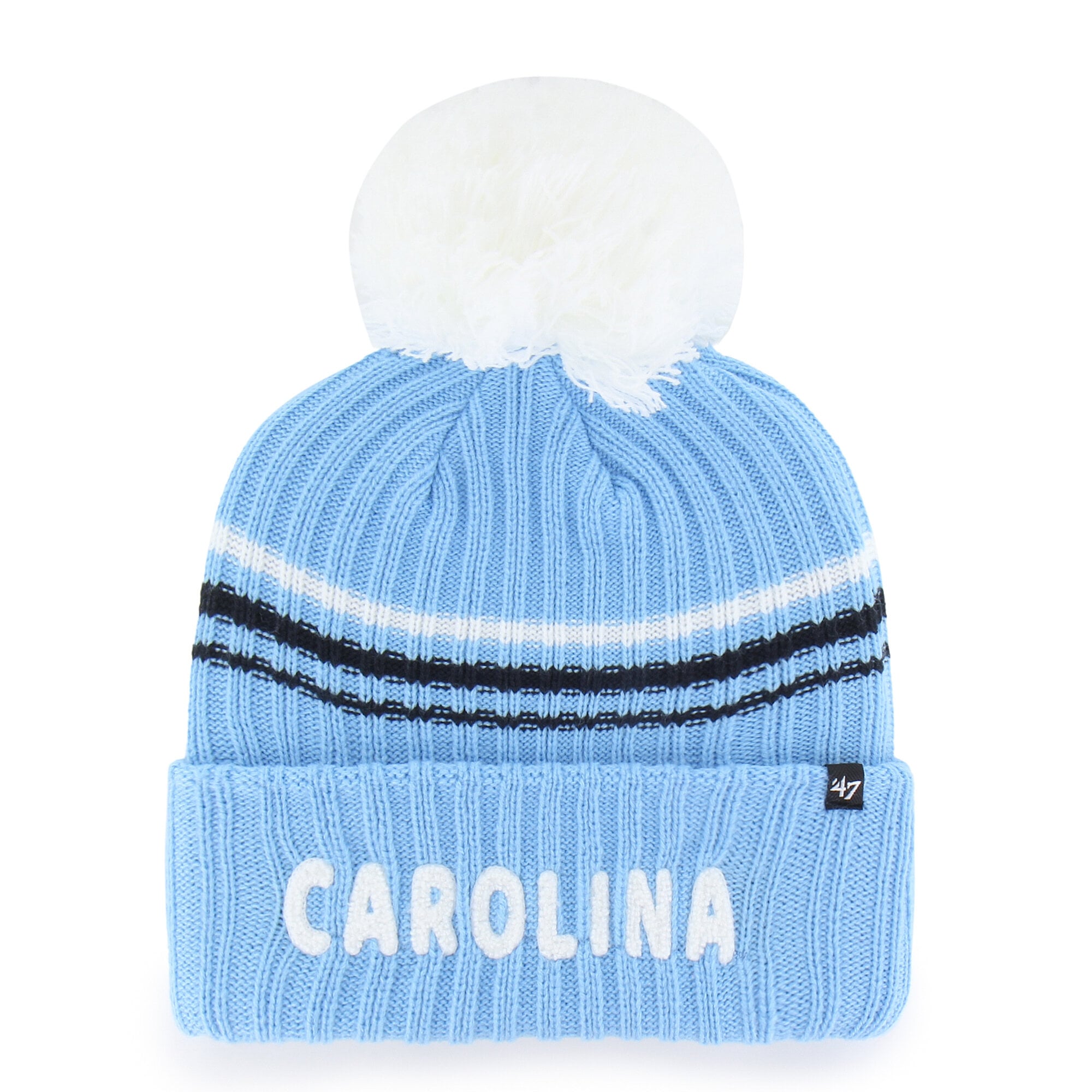 Bonnet tricoté à pompon et inscription duveteuse, modèle 47 Carolina Blue, pour femme, des Tar Heels de Caroline du Nord.
