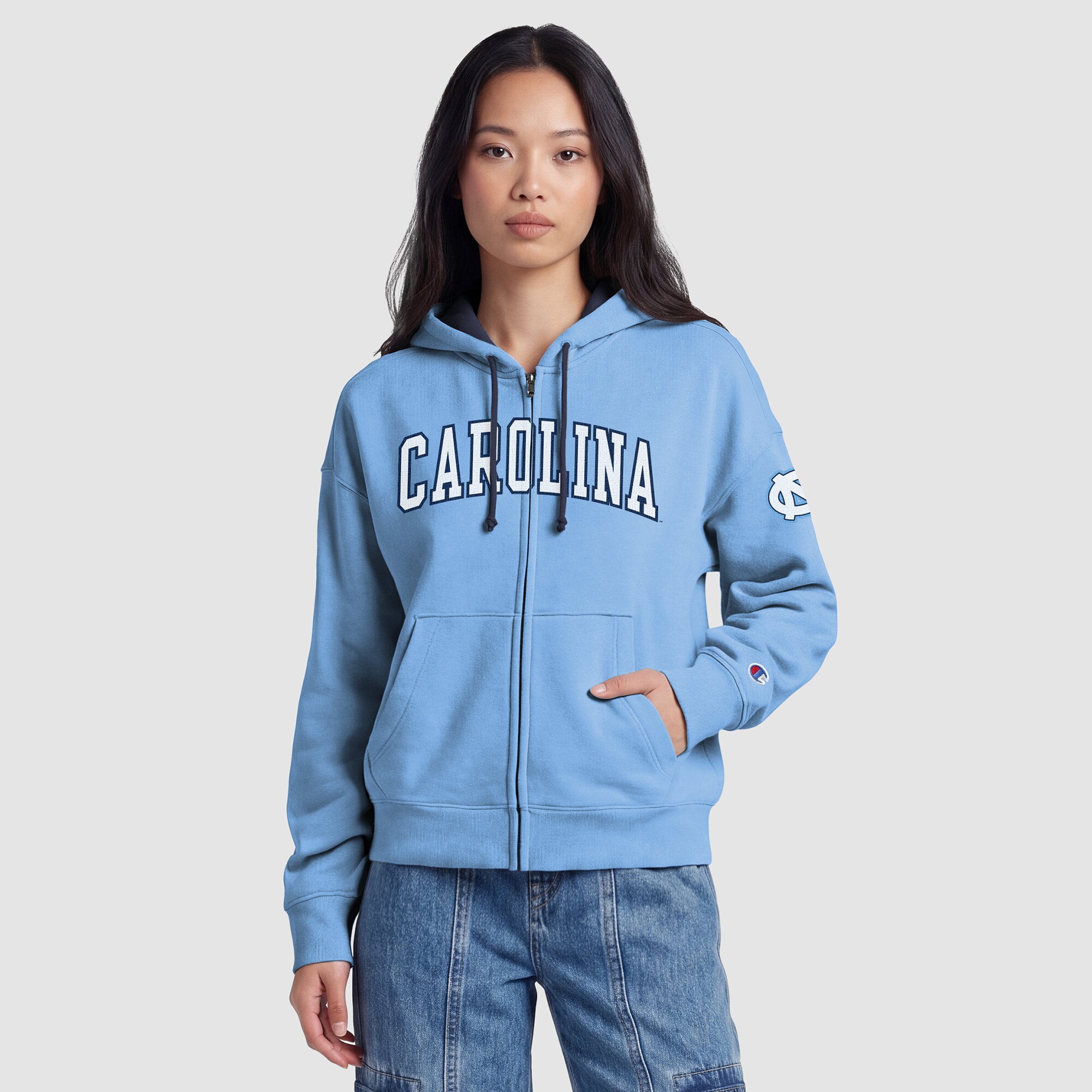 Sweat à capuche zippé en polaire Champion bleu marine pour femme, modèle North Carolina Tar Heels Arch.