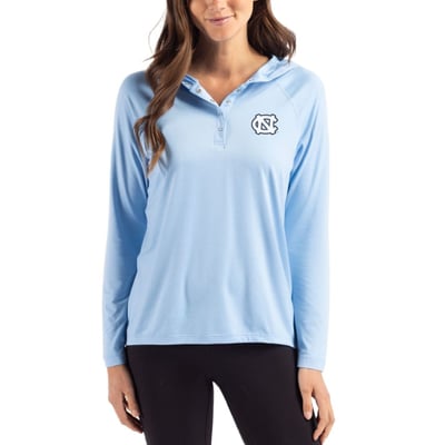 North Carolina Tar Heels Cutter & Buck Women's Coastline Epic Comfort Recycled Hooded Raglan Quarter-Snap Shirt - Light Blue