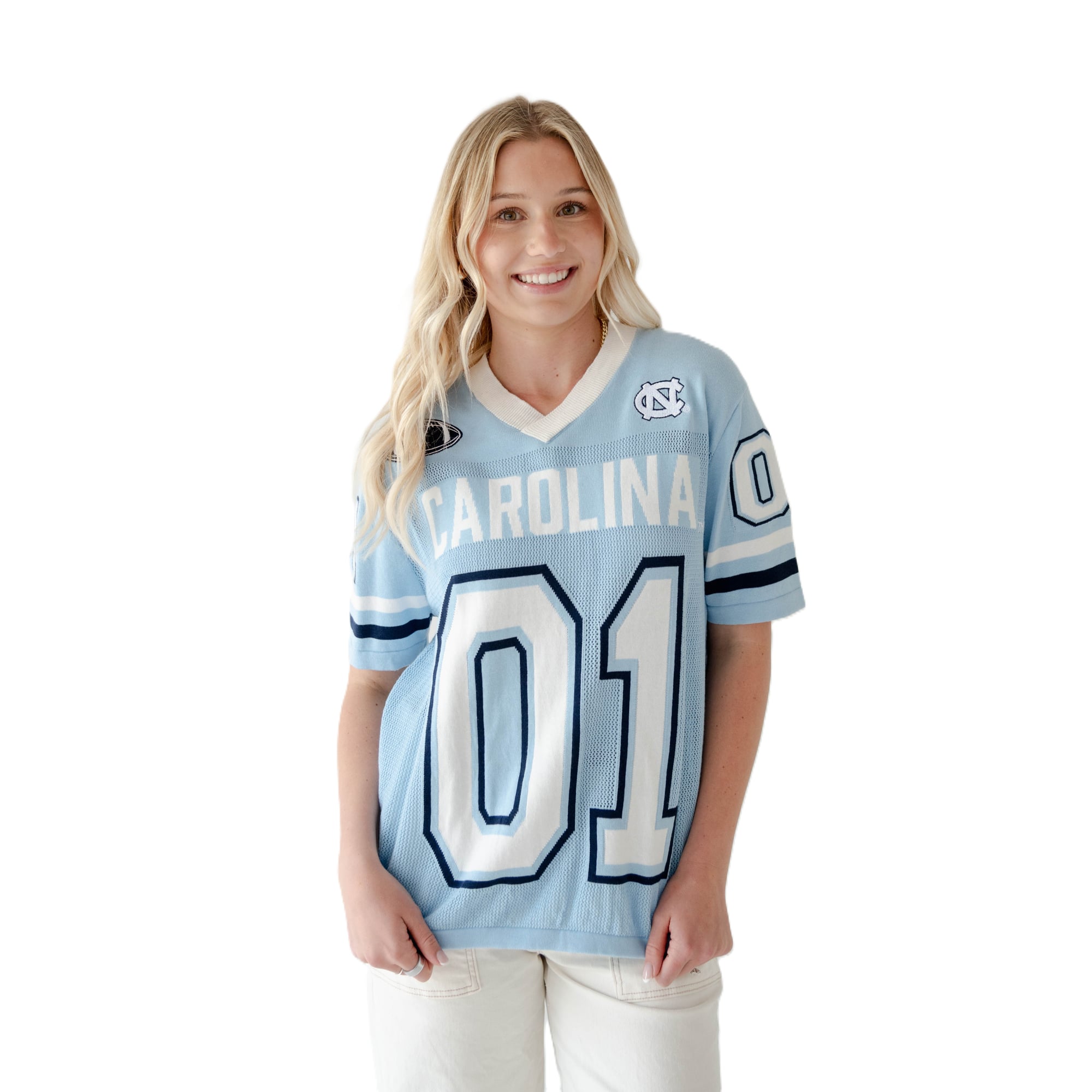 Maillot de football tricoté bleu Caroline pour femmes, modèle Watch Social, des Tar Heels du Nord.