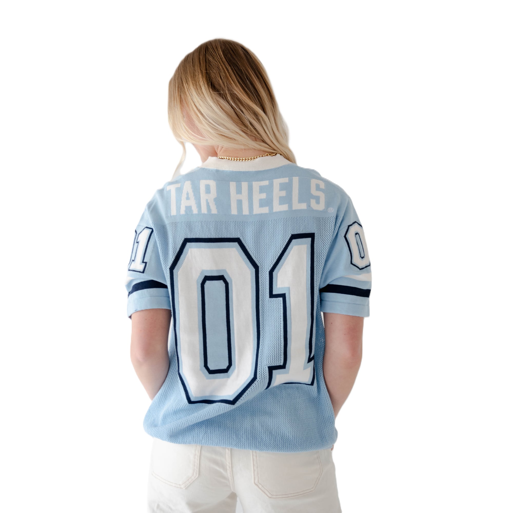 Maillot de football tricoté bleu Caroline pour femmes, modèle Watch Social, des Tar Heels du Nord.