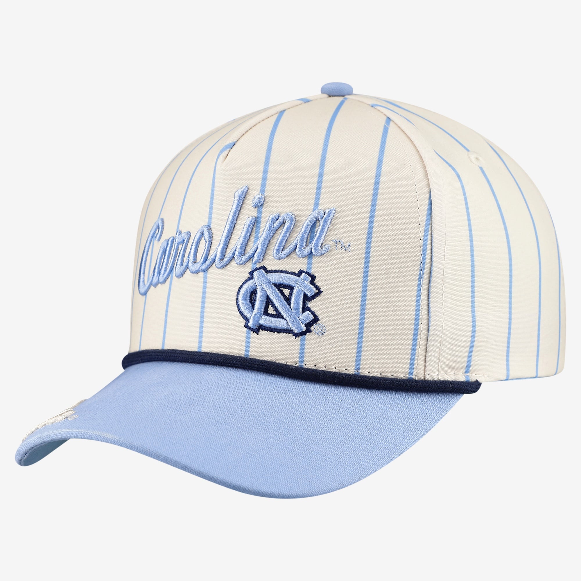 Casquette à rayures fines et à cinq panneaux ajustable en corde blanche North Carolina Tar Heels pour femmes, idéale pour les jours de match.