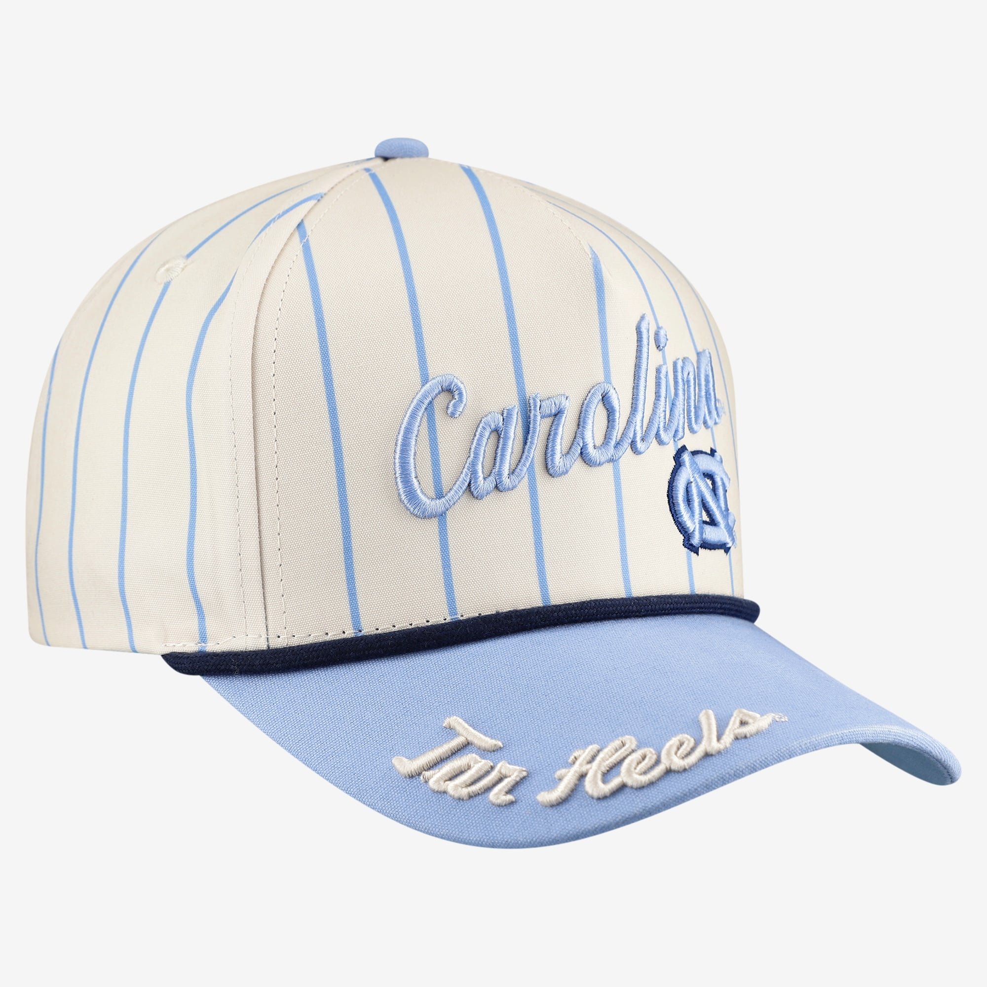 Casquette à rayures fines et à cinq panneaux ajustable en corde blanche North Carolina Tar Heels pour femmes, idéale pour les jours de match.