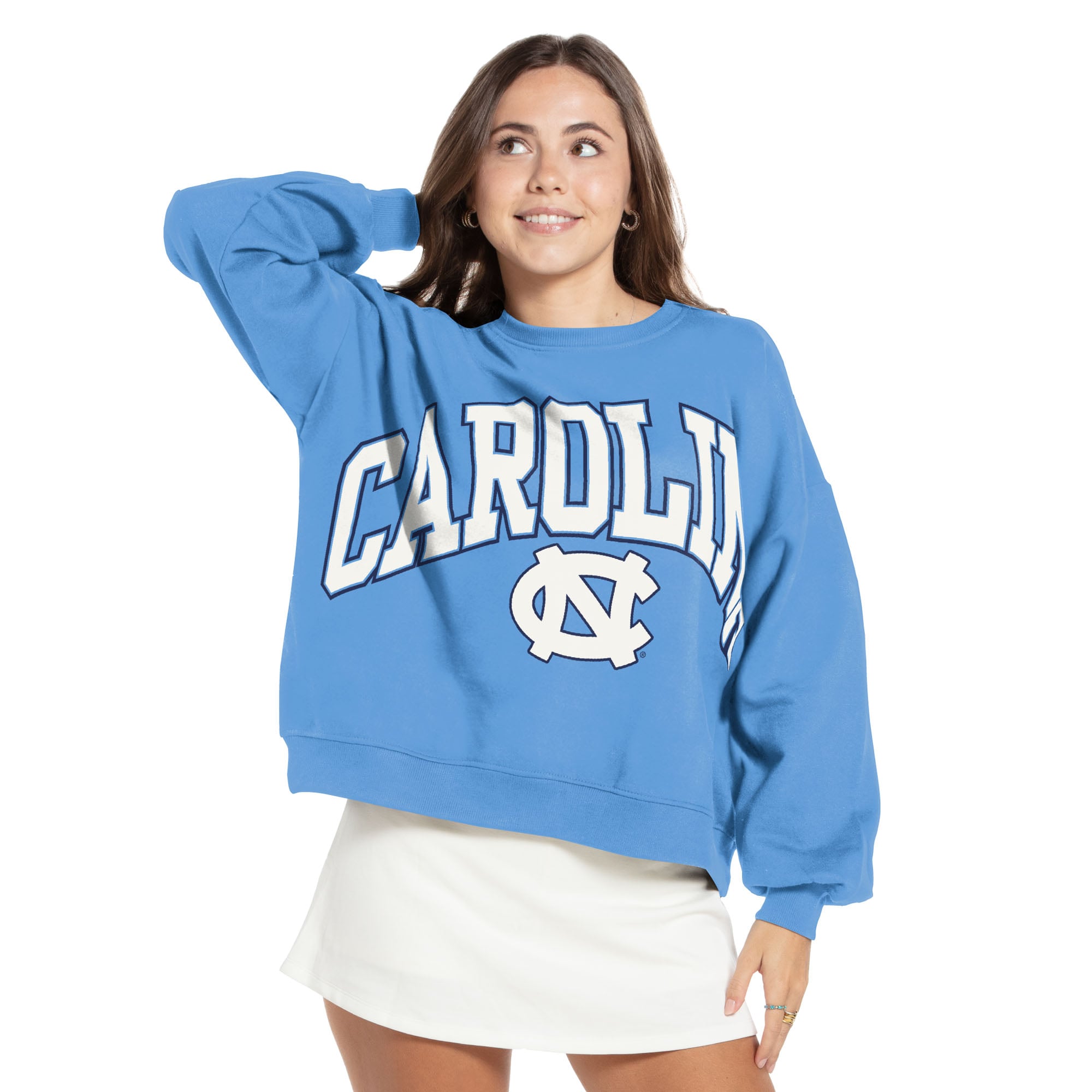 Sweat-shirt oversize Janice bleu clair pour femme, modèle Pressbox, à manches courtes, aux couleurs des Tar Heels de Caroline du Nord.